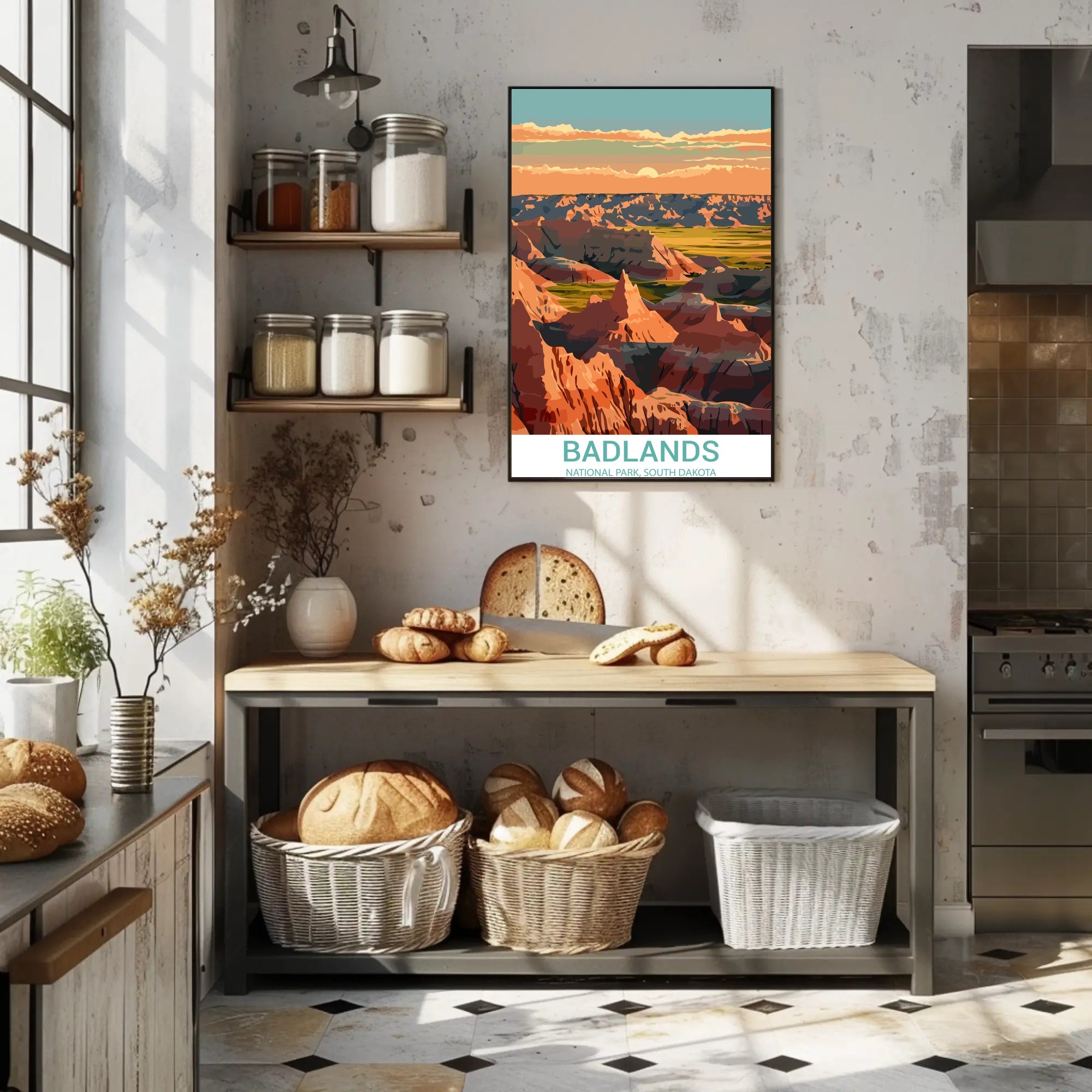 Stylized Sunset Badlands National Park Landscape Poster