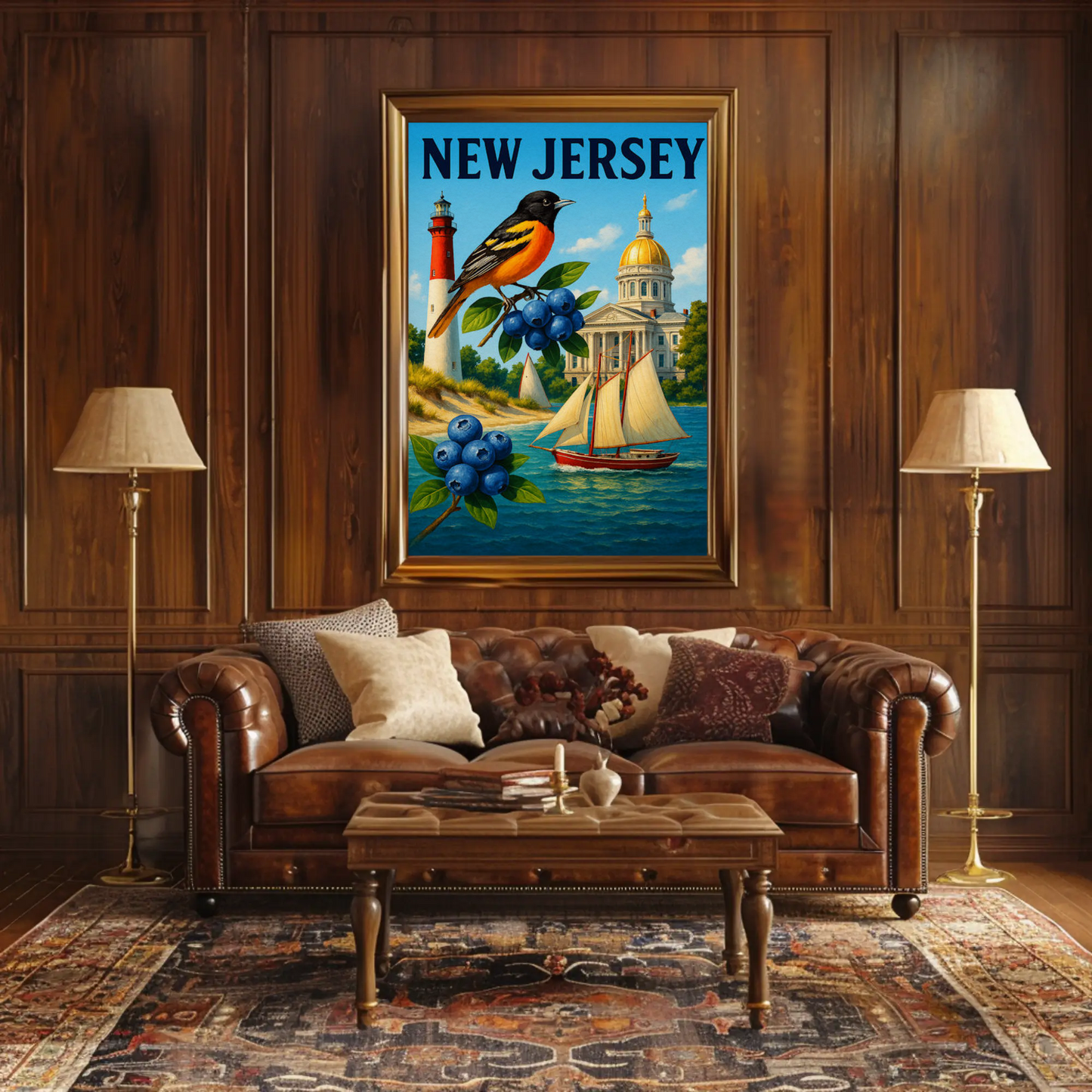 New Jersey State Symbols Blueberries Sailboat Bird Travel Poster Travel Poster
