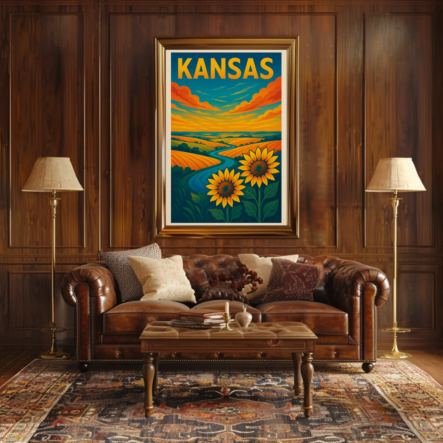 Kansas Sunflower Fields River Prairie Landscape Travel Poster
