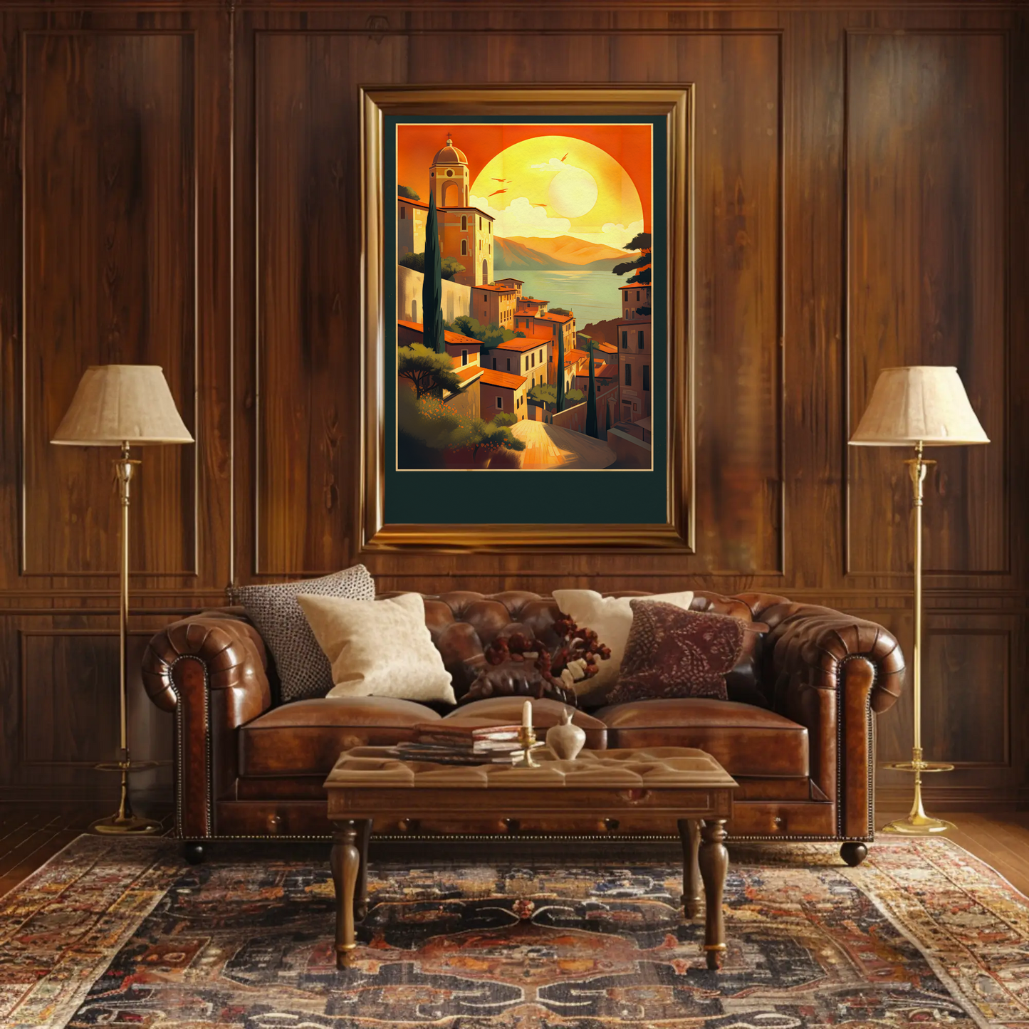 Sunset Over Mediterranean Village Coastline Travel Poster