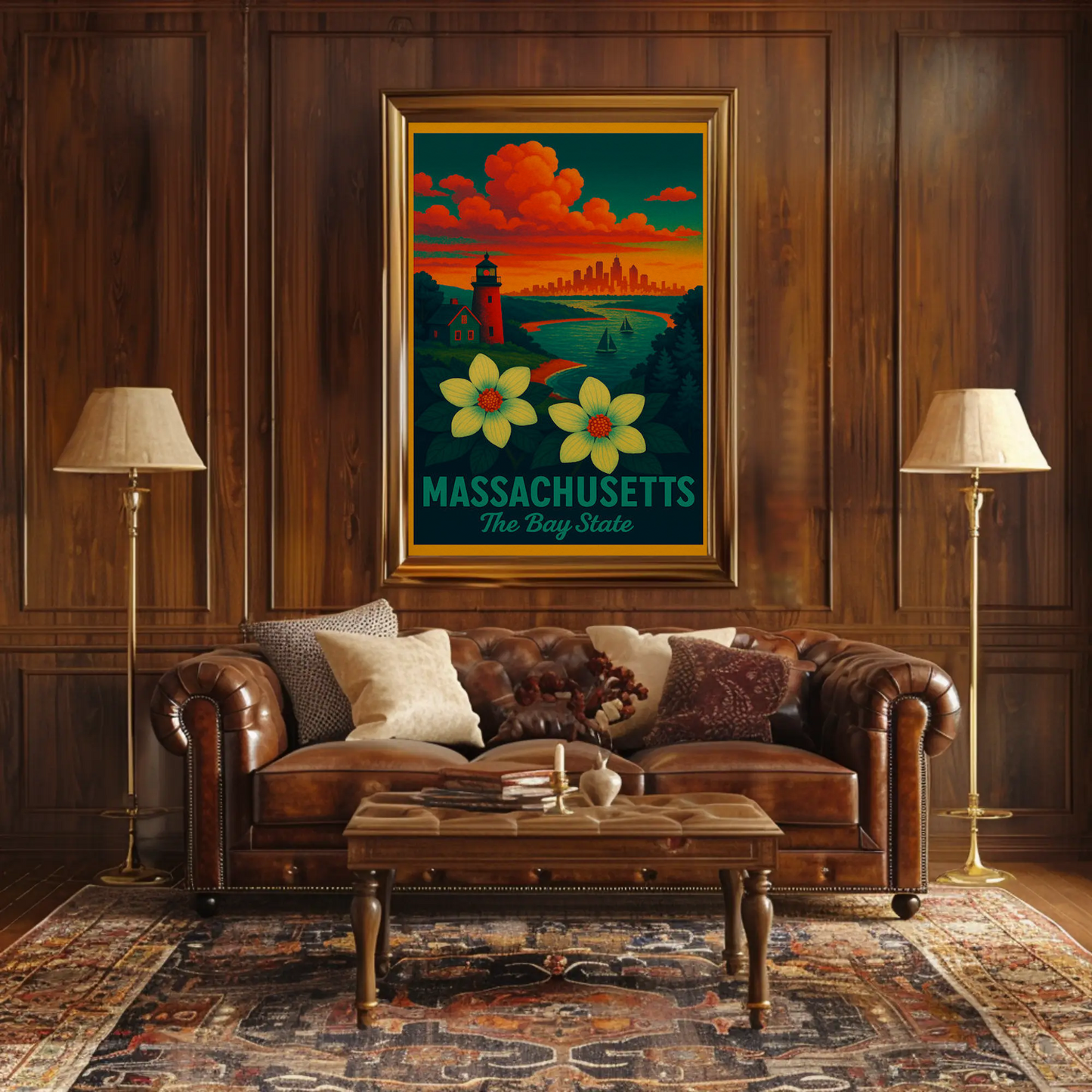 Massachusetts Bay State Sunset Lighthouse Flowers Poster