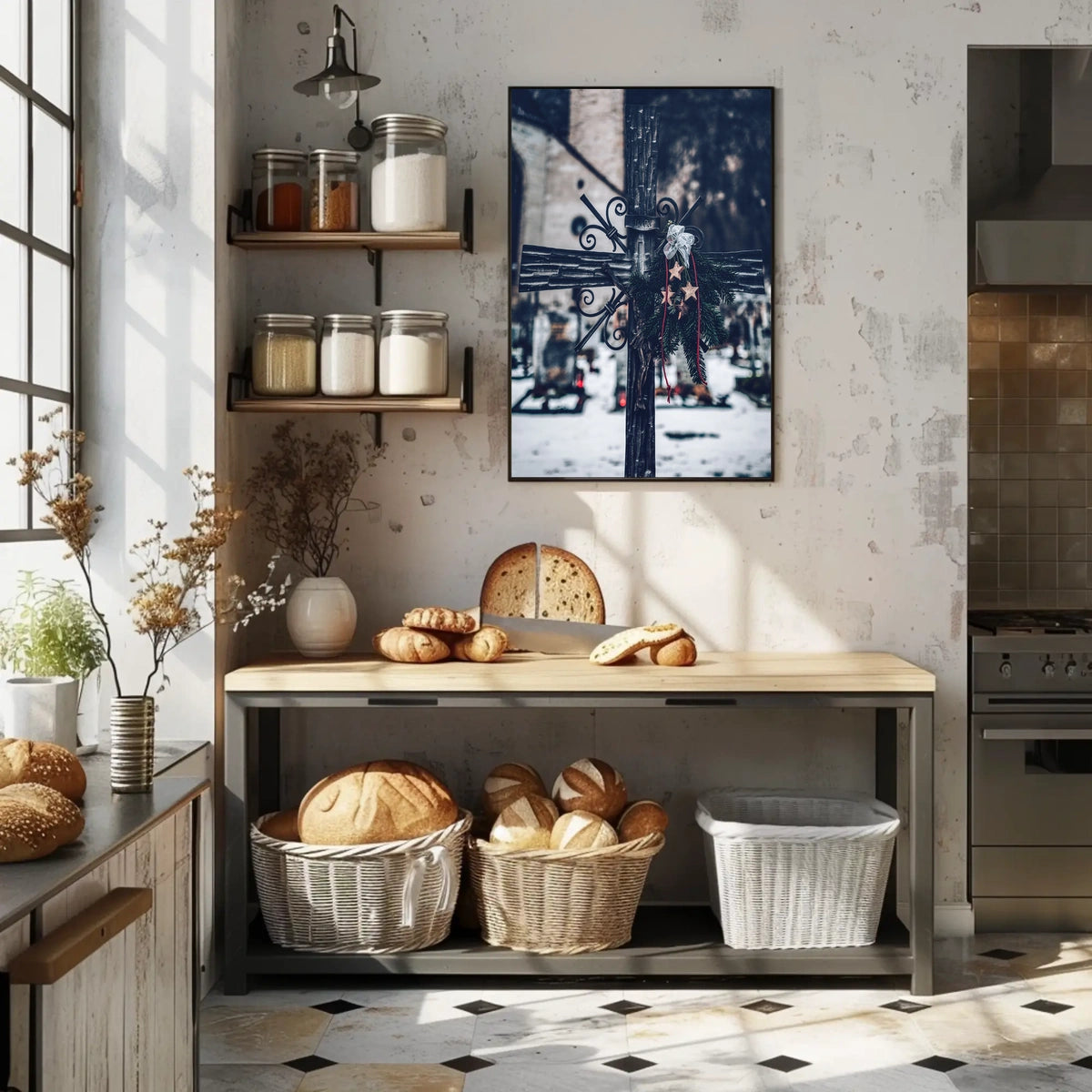Winter Cemetery Scene with Wreath and Cross Poster