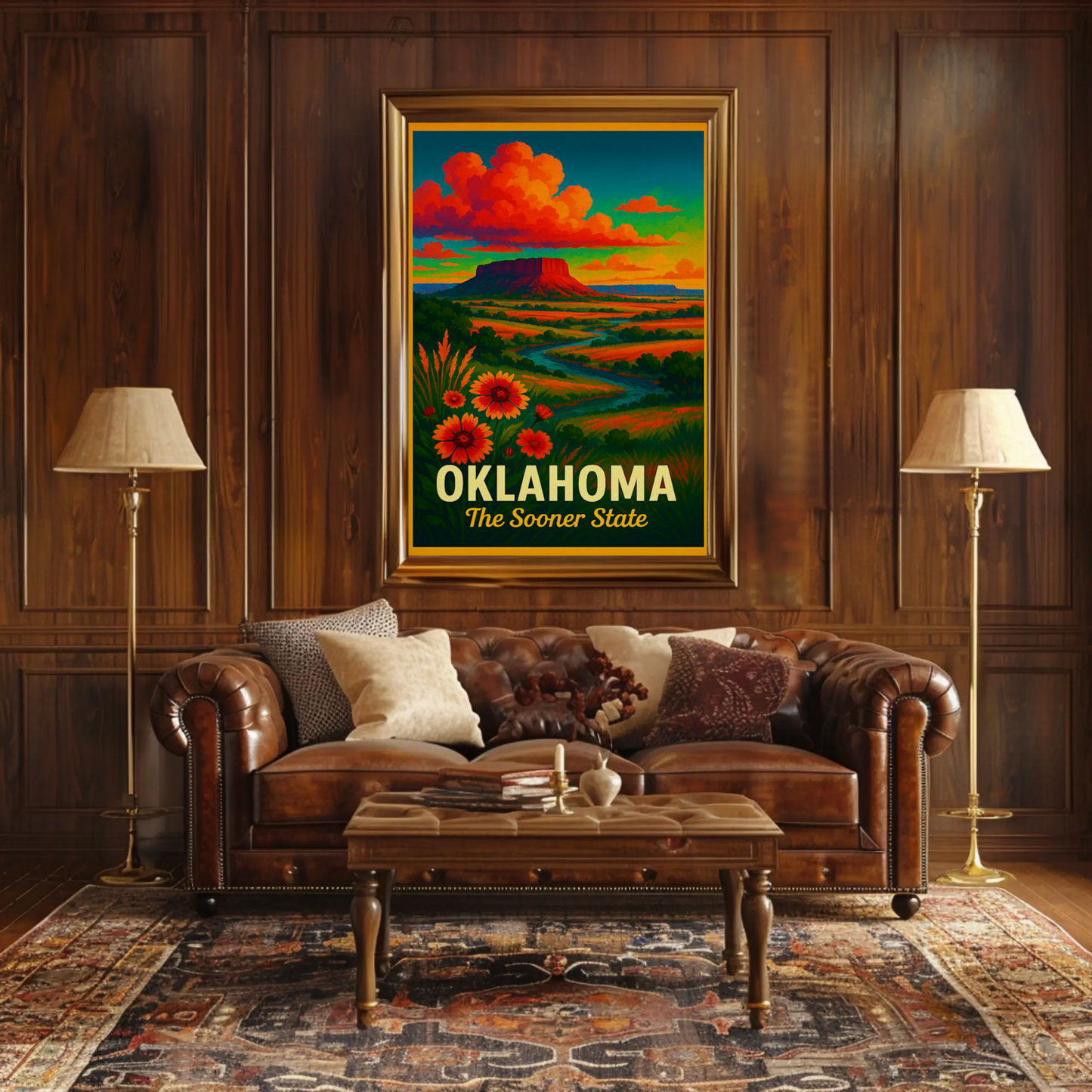 Oklahoma Sooner State Wildflowers Sunset Prairie Travel Poster