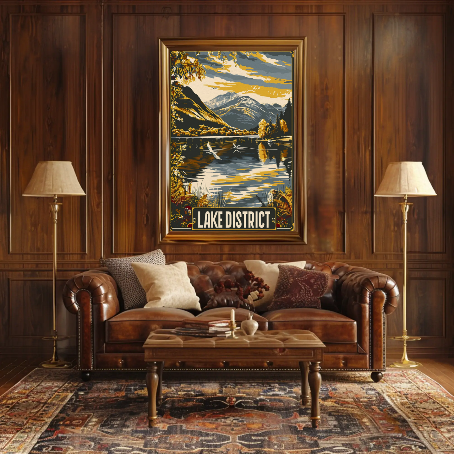 Lake District Golden Mountains Waterfowl Scene Travel Poster