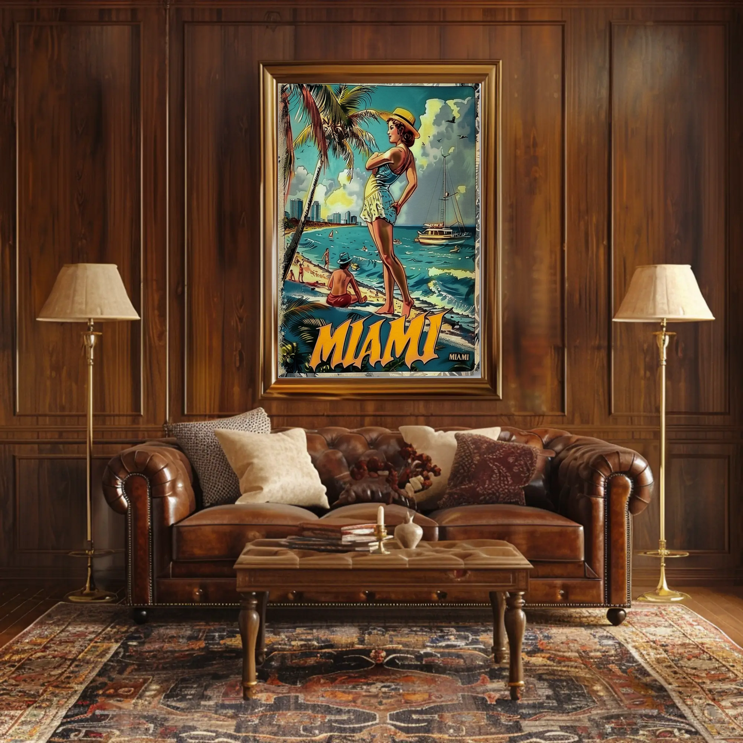 Miami Vintage Beach Scene Palm Trees Skyline Travel Poster