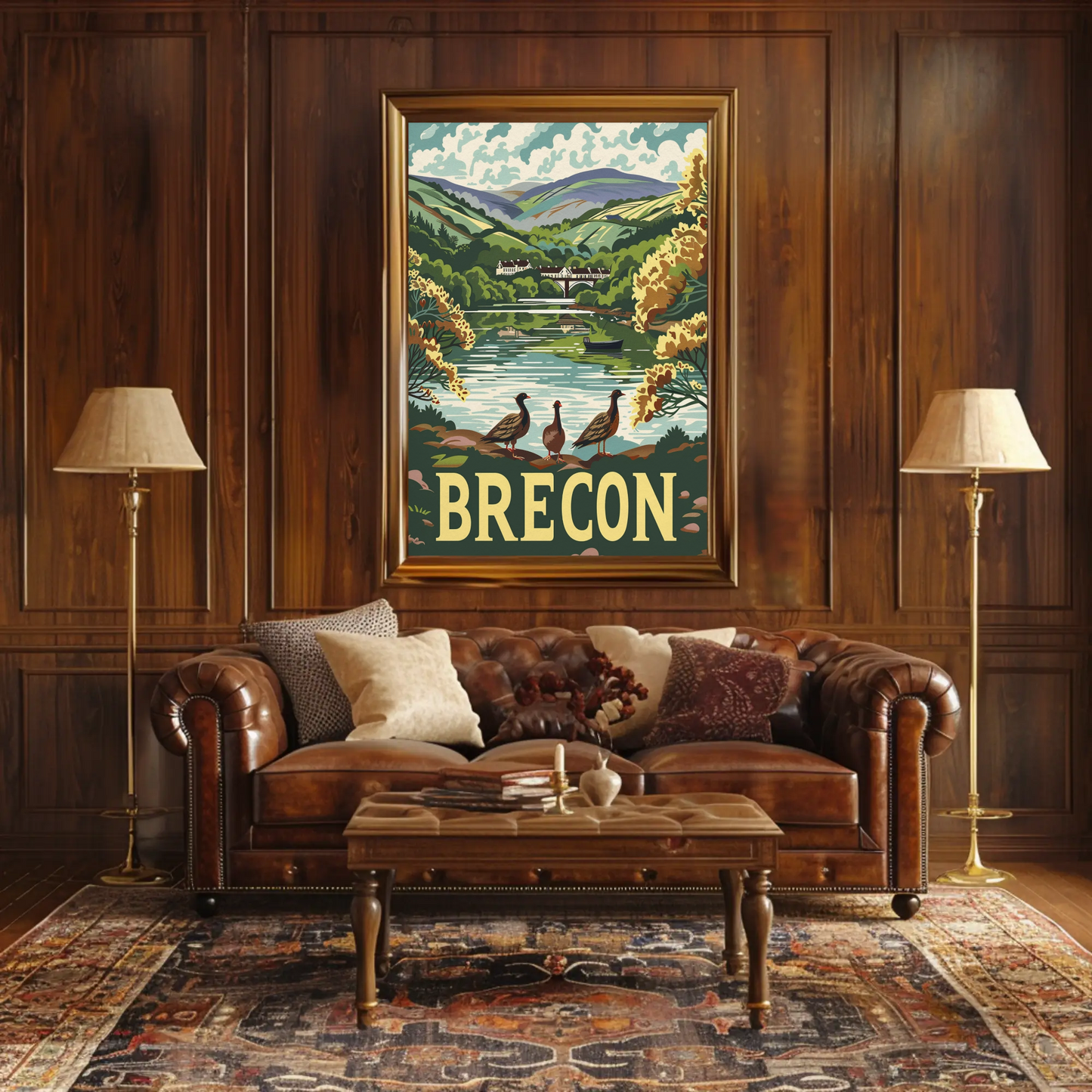 Brecon River Ducks Village Hillside Travel Poster
