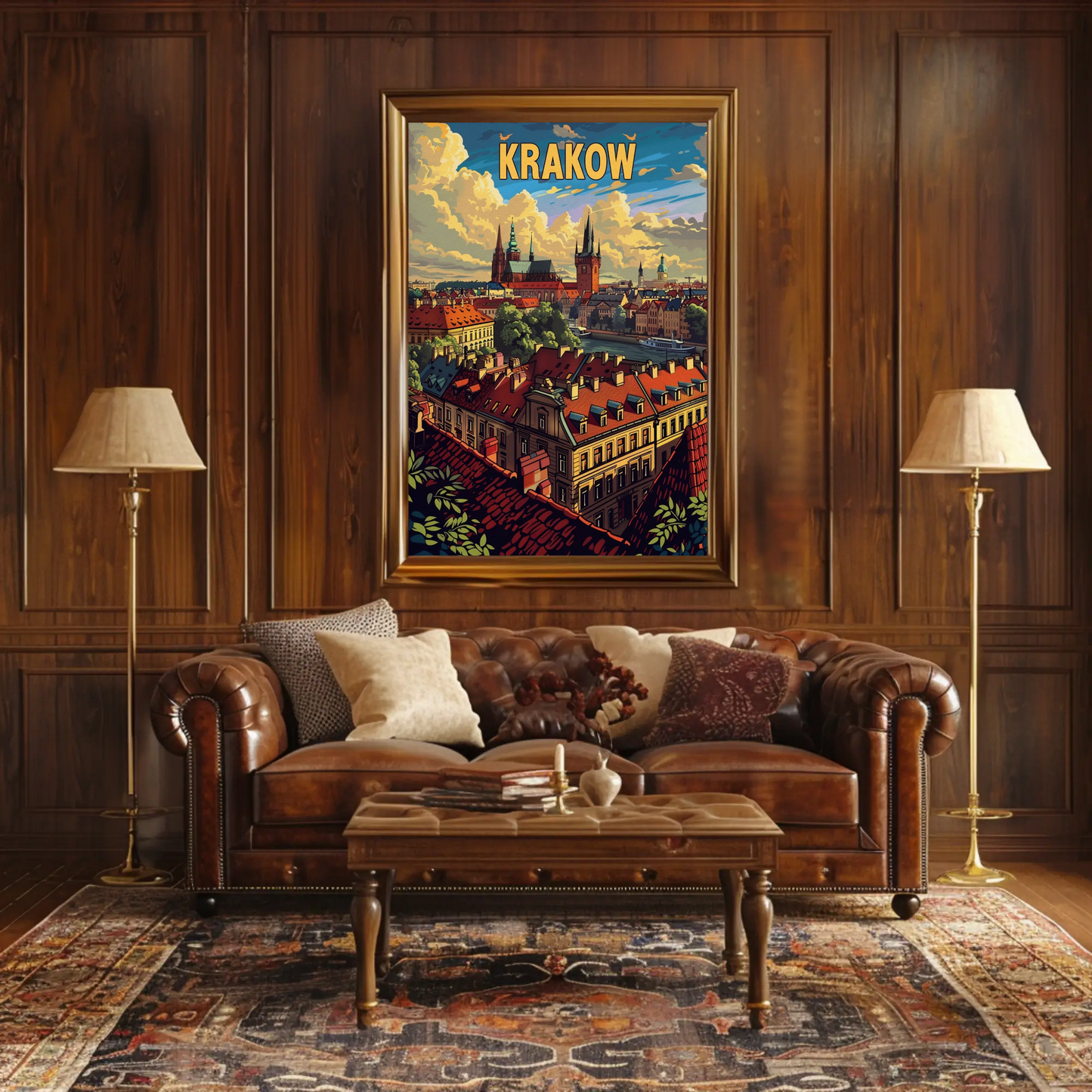 Evening Skyline Krakow Poland Travel Poster