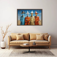 Surreal Characters in Elongated Beak Masks: Artistic Poster