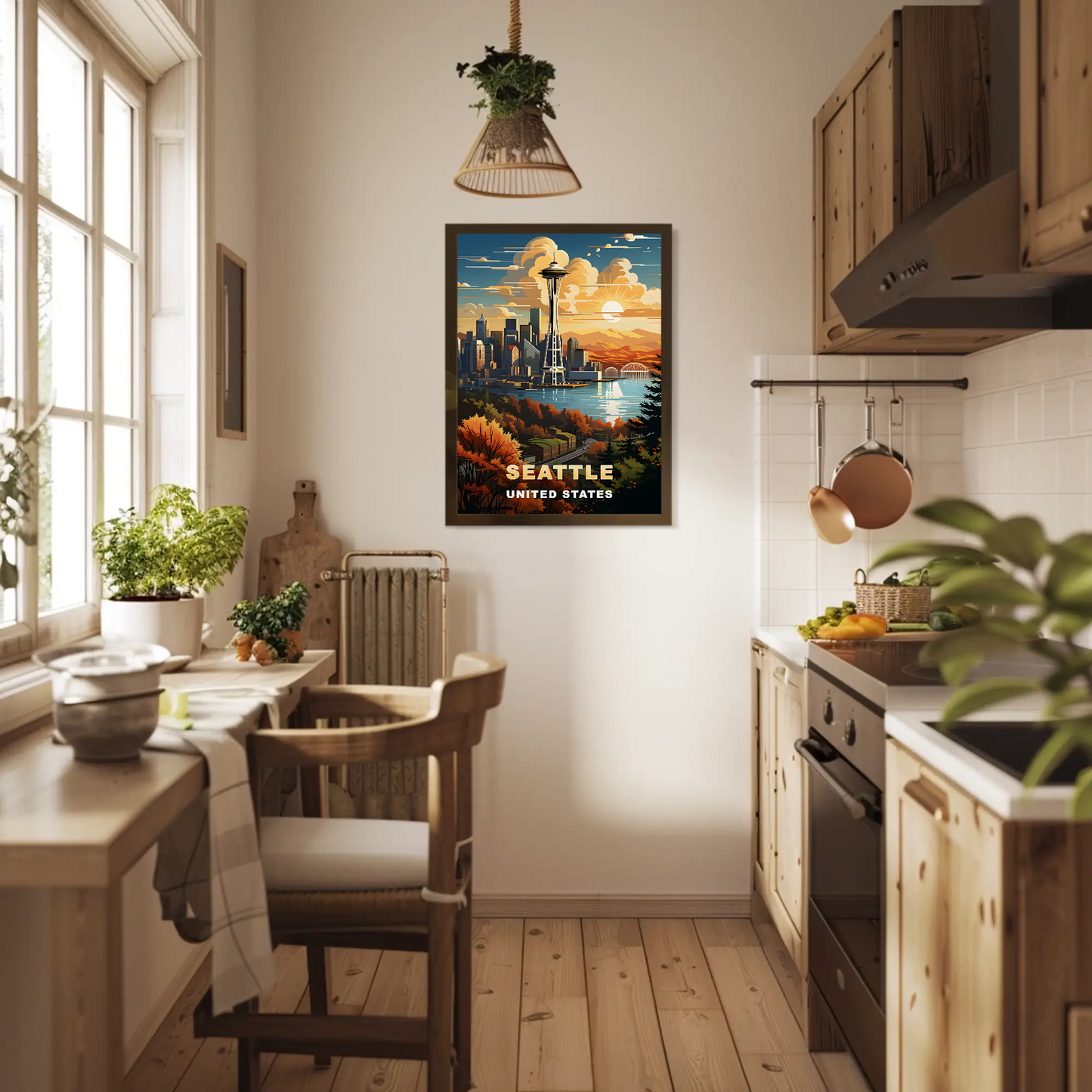 Seattle Space Needle Autumn Sunset Vintage Travel Poster