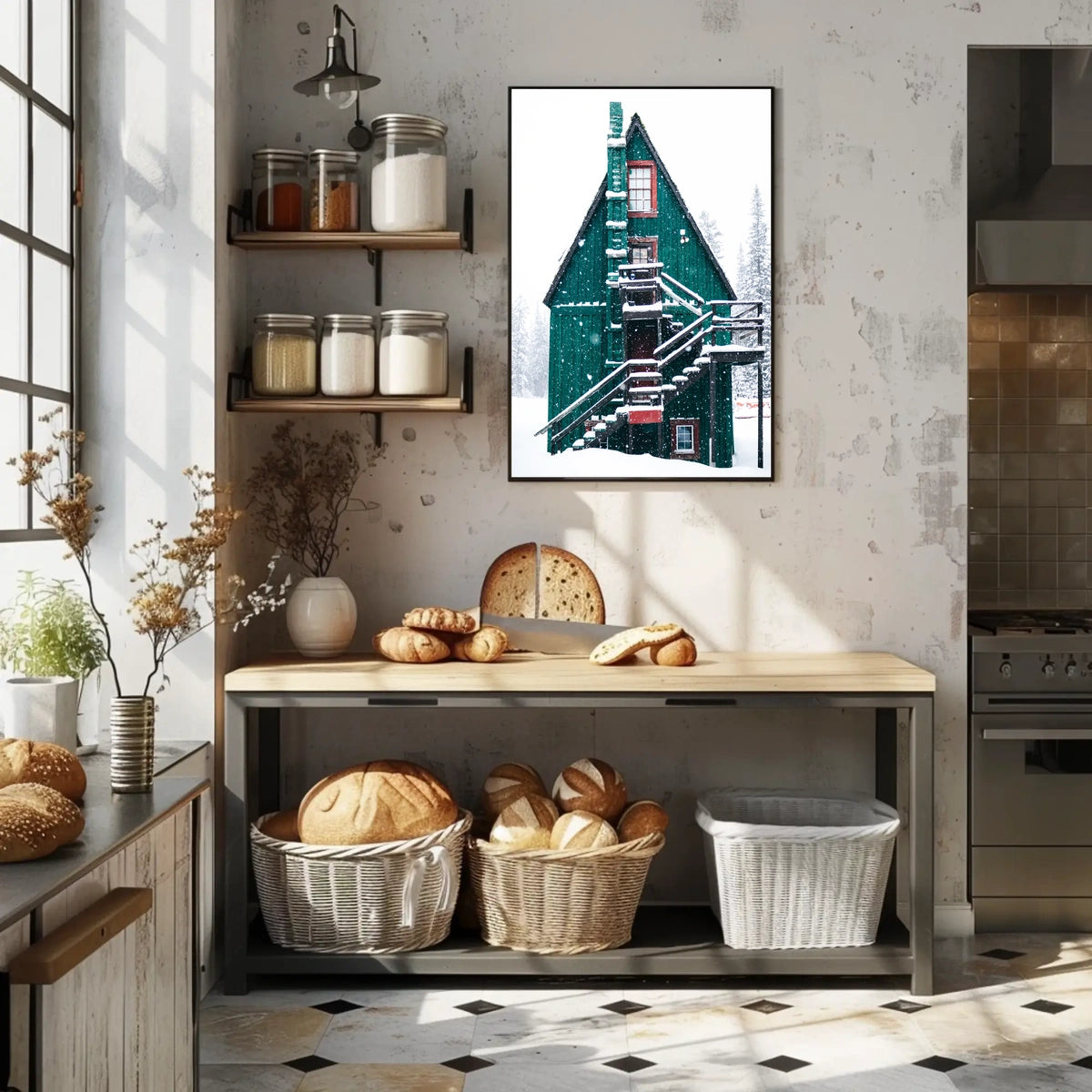 Charming Winter Cabin in Snowy Forest Scene