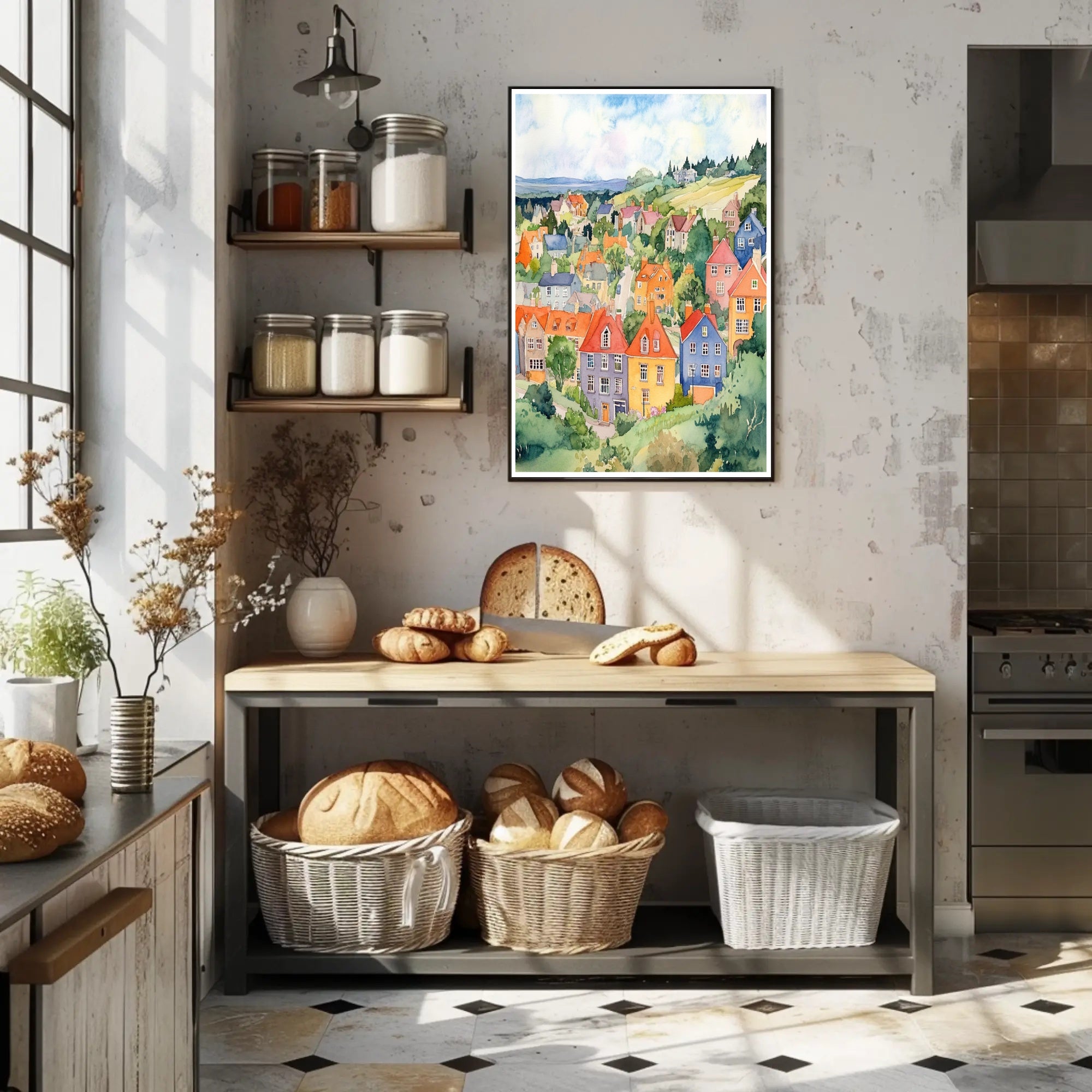 Colorful Hillside Village Poster PosterGoat