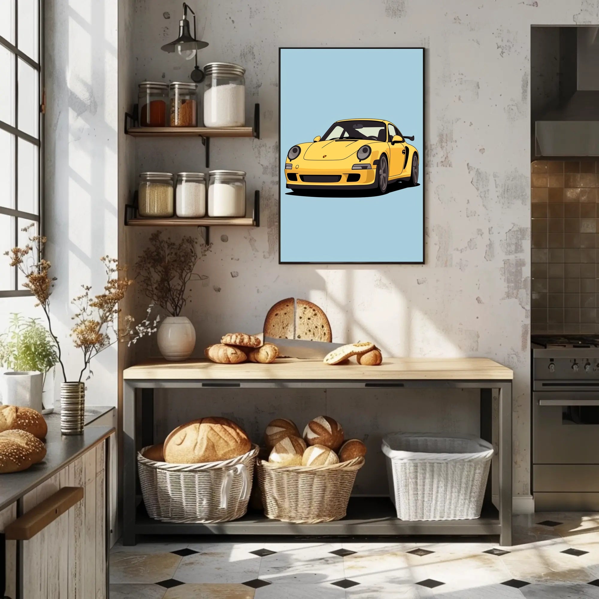 Yellow Sports Car Illustration Poster PosterGoat