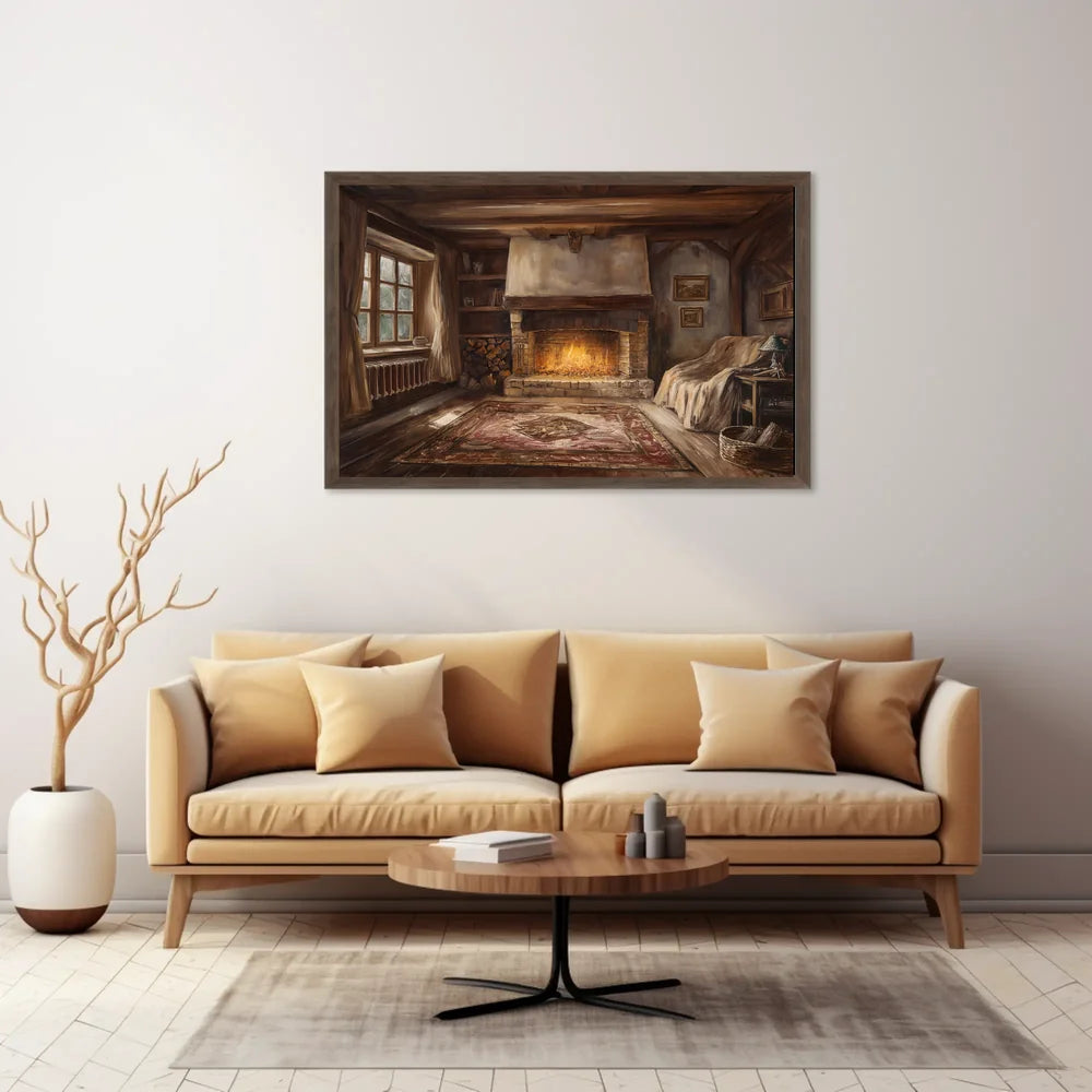 Cozy Rustic Cabin Fireplace Illustration Poster