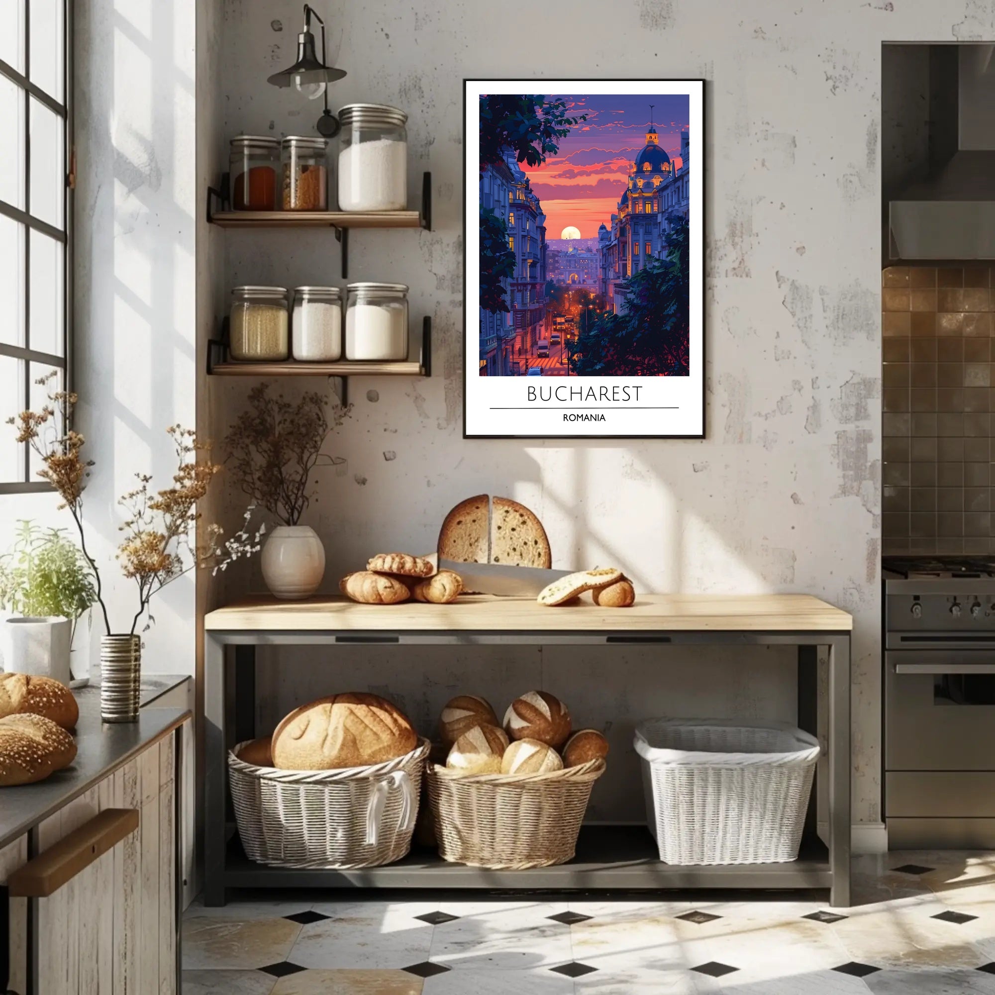 Bucharest Evening Street Scene at Sunset Travel Poster