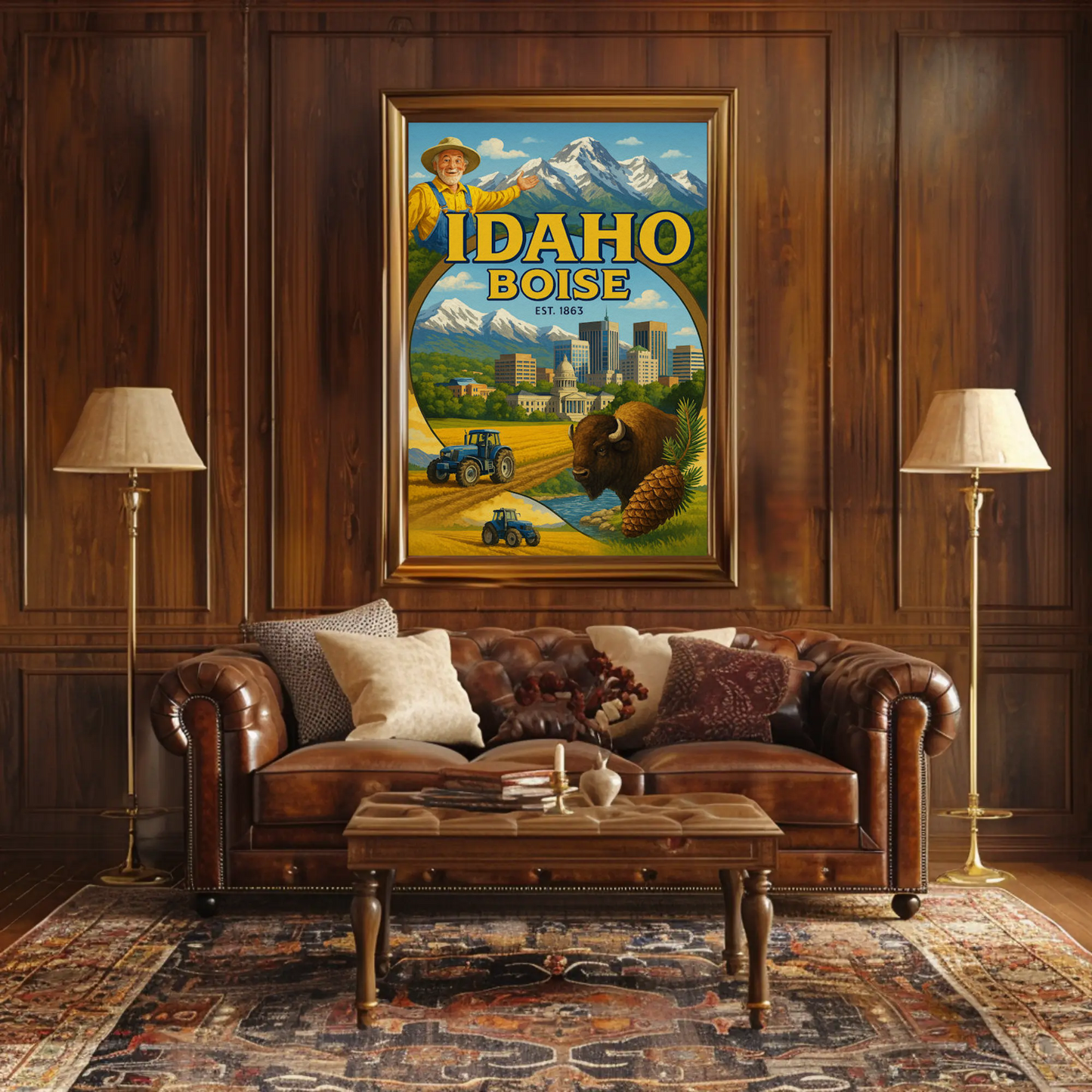 Boise Idaho Cityscape Buffalo Mountain Farm Travel Poster