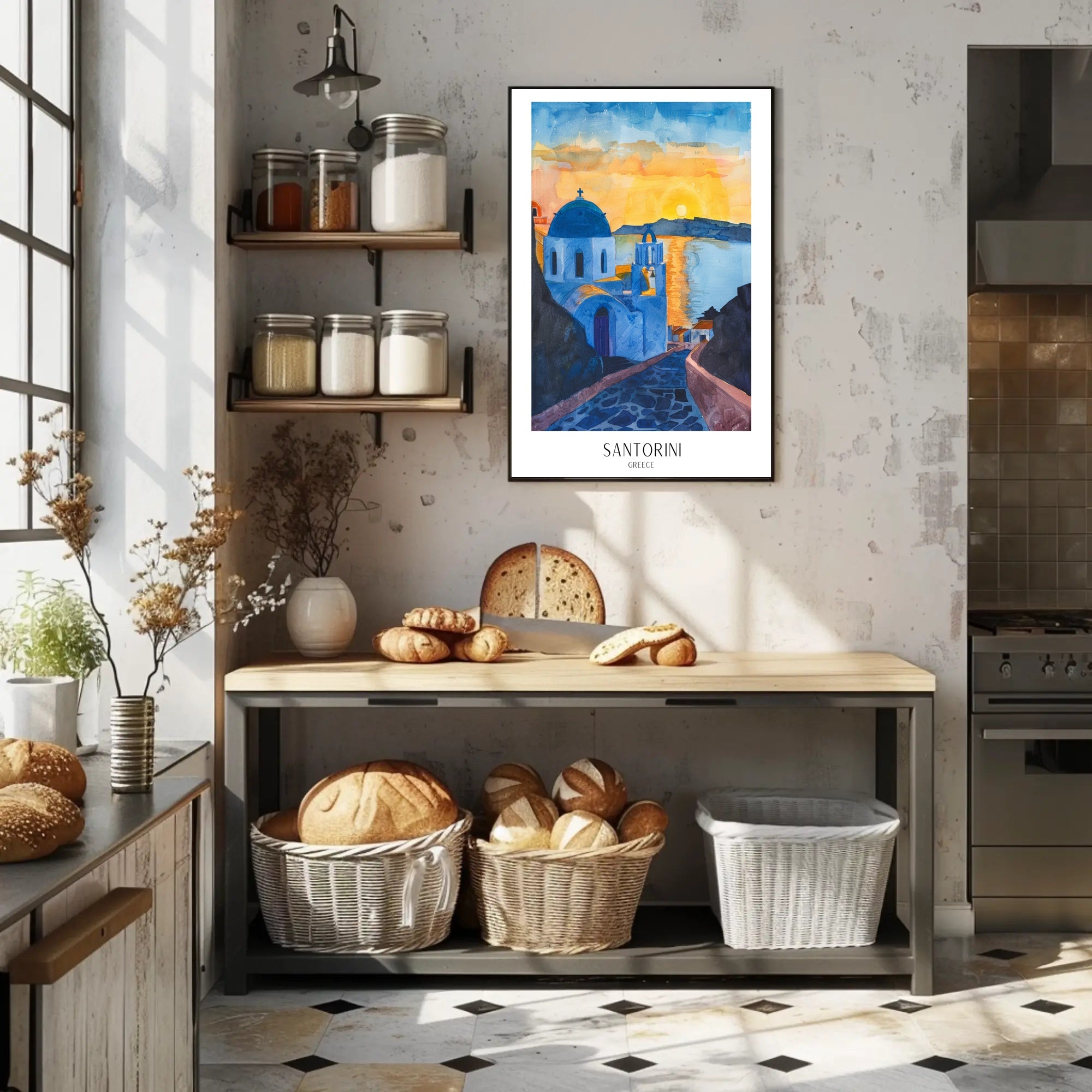 Santorini Sunset Watercolor Travel Poster PosterGoat