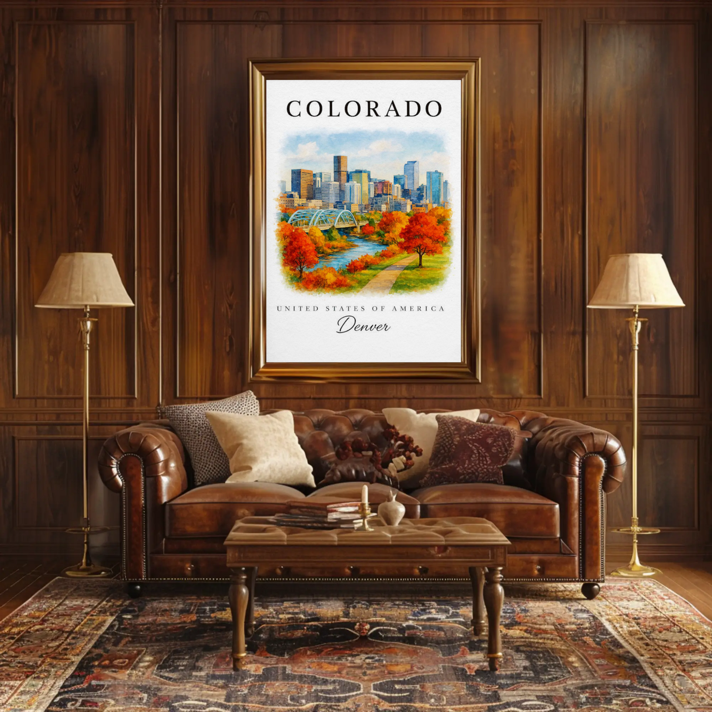Denver Skyline Autumn Path River Travel Poster