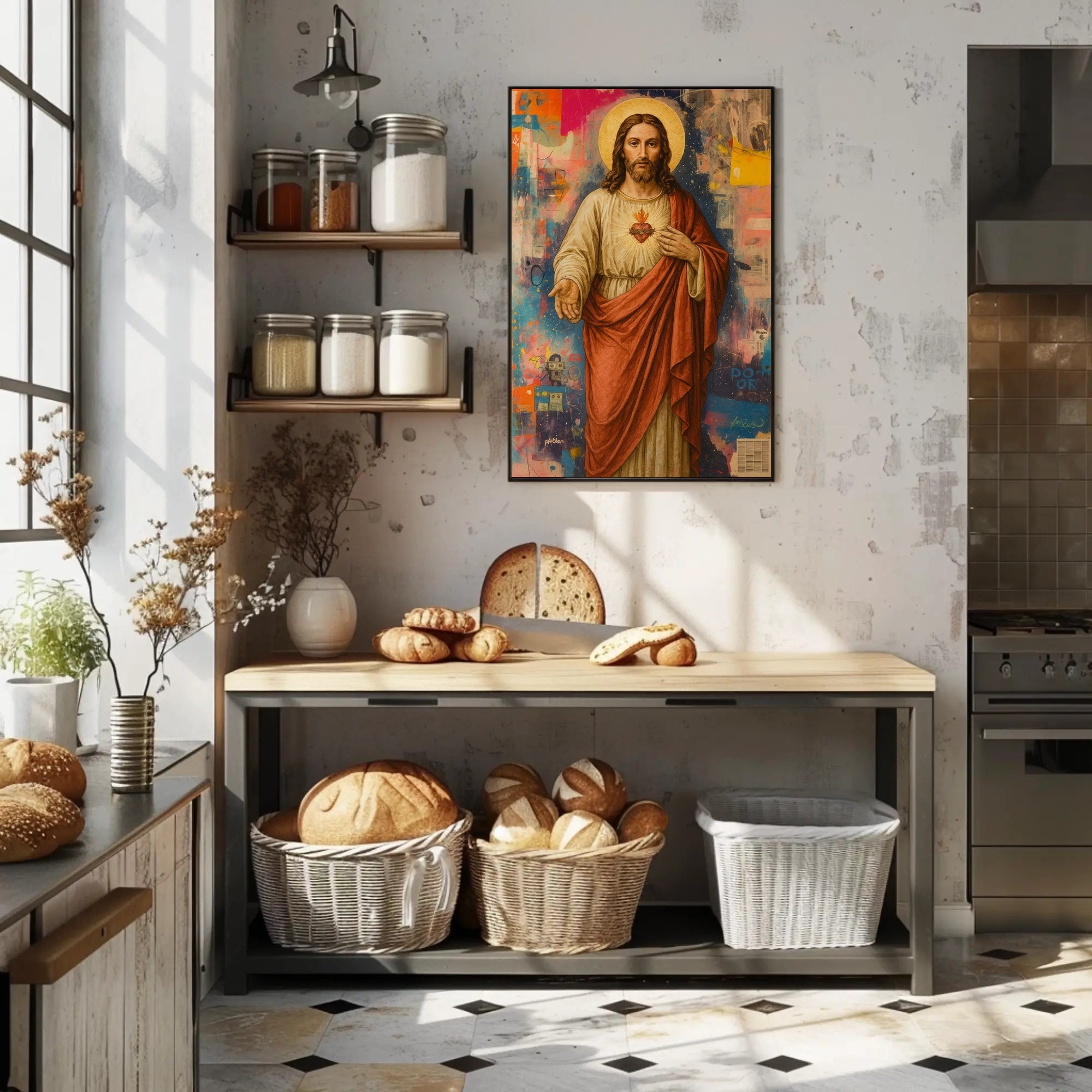 Sacred Heart Jesus with Urban Street Art Poster