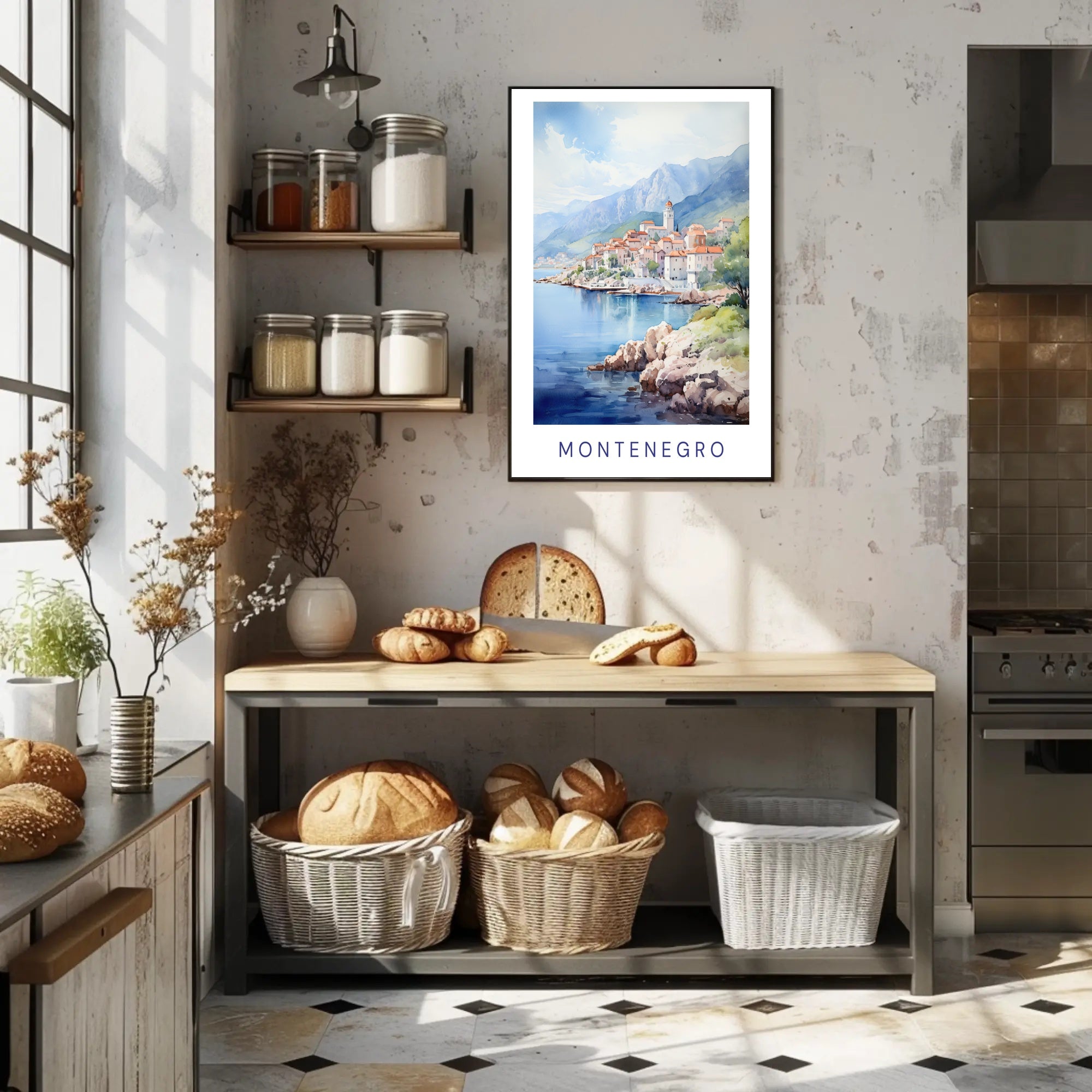 Montenegro Coastal Village Watercolor Travel Poster PosterGoat