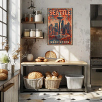 Seattle Space Needle Retro Urban Cityscape Travel Poster