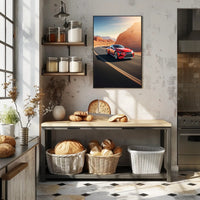 Sleek Red Sports Car on Desert Highway Poster PosterGoat