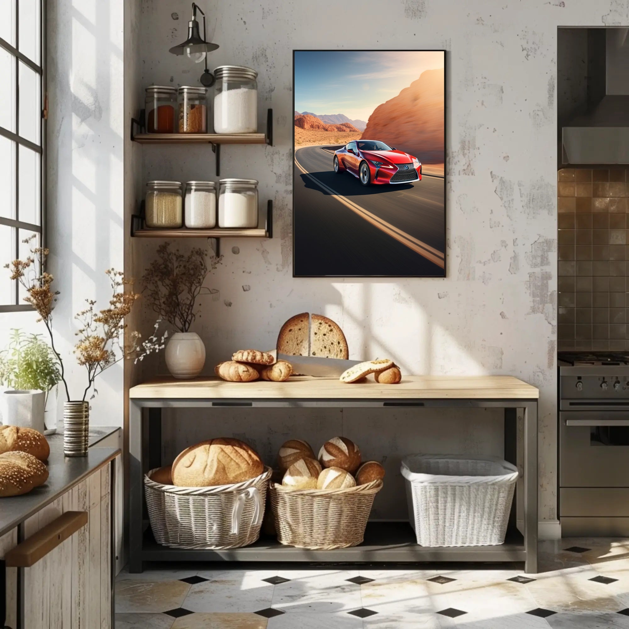 Sleek Red Sports Car on Desert Highway Poster PosterGoat