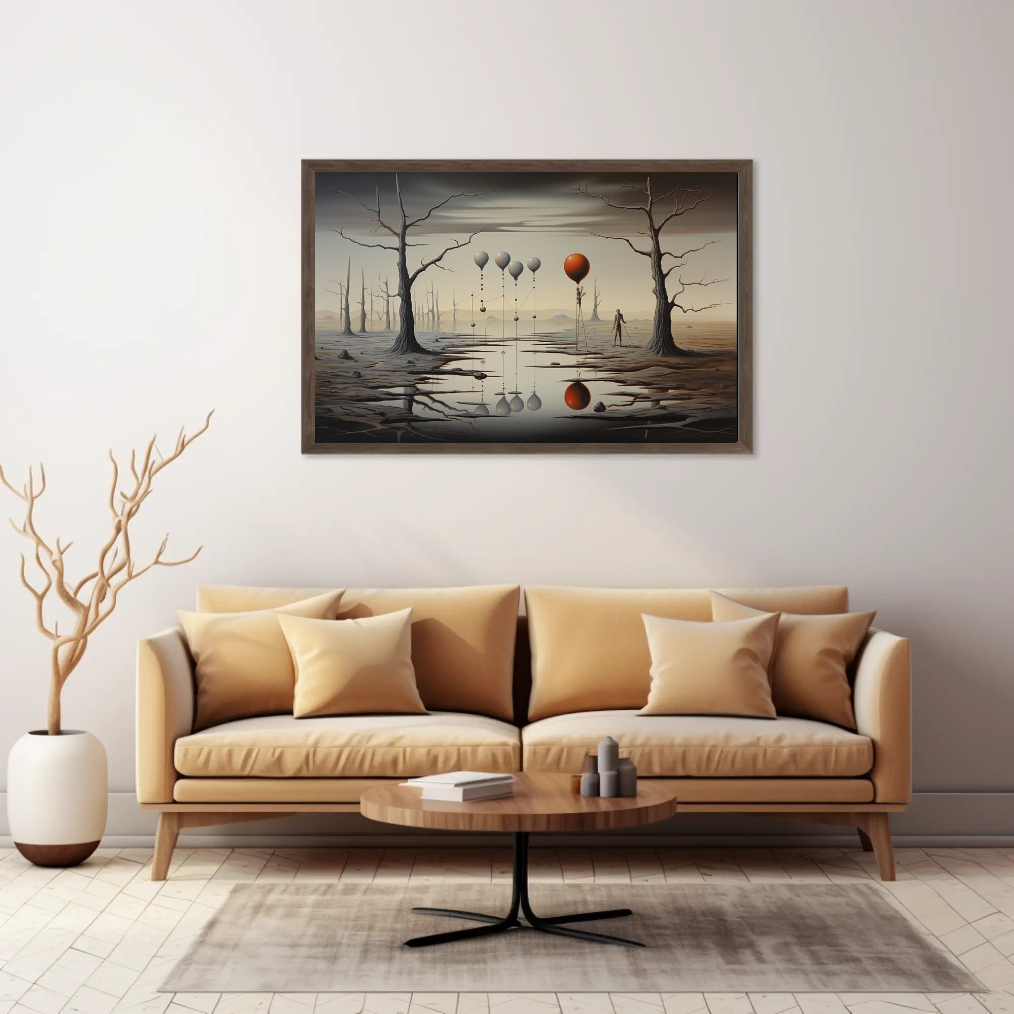 Surreal Landscape with Balloons and Figure Artistic Poster