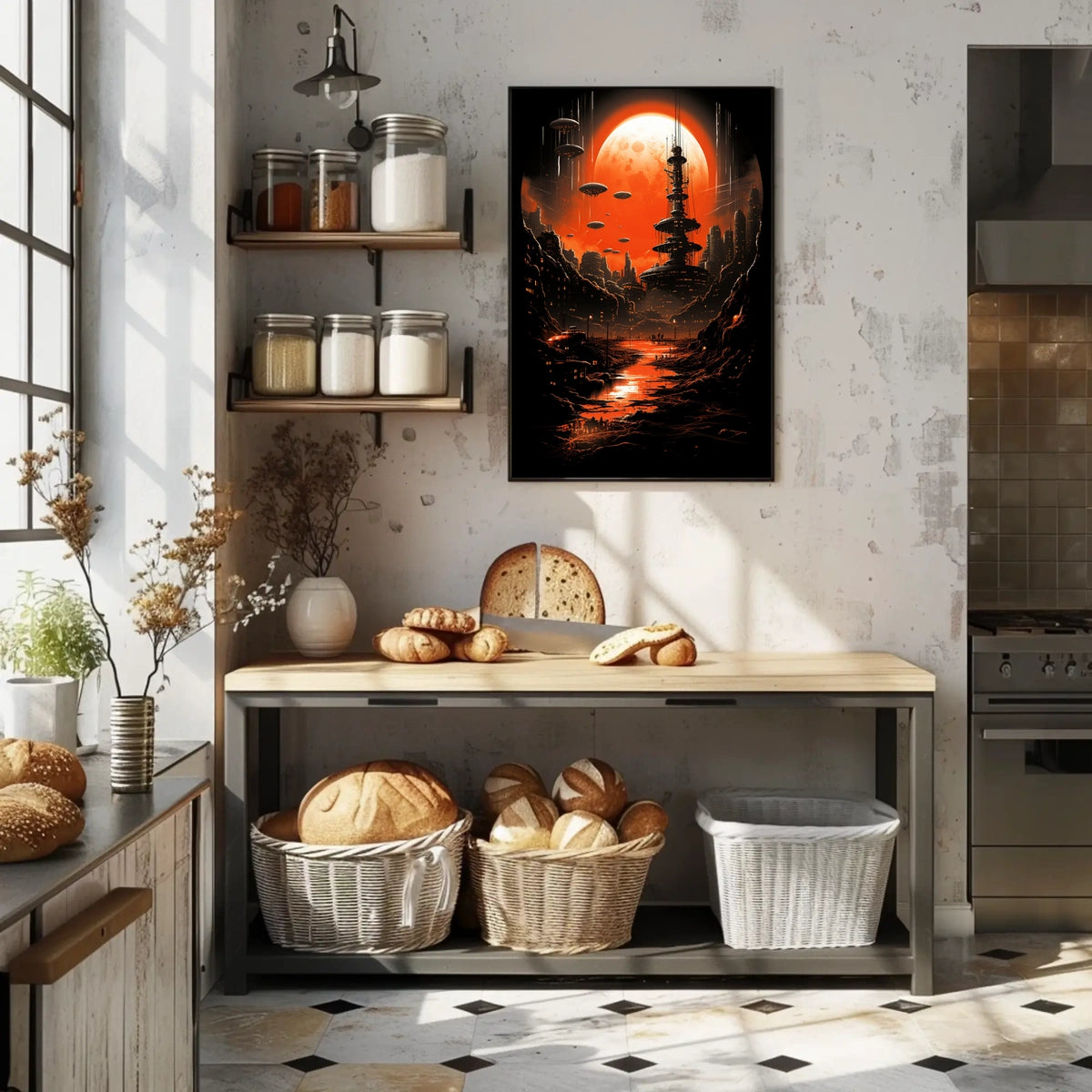 Futuristic Cityscape Under a Red Moon Poster