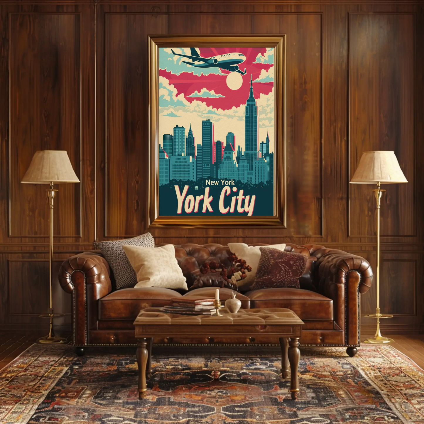 New York City Airplane Skyline Red Sky Travel Poster
