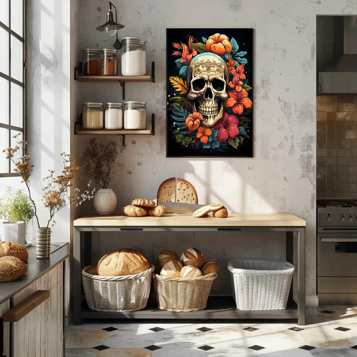 Skull and Floral Composition: Abstract or Artistic Poster