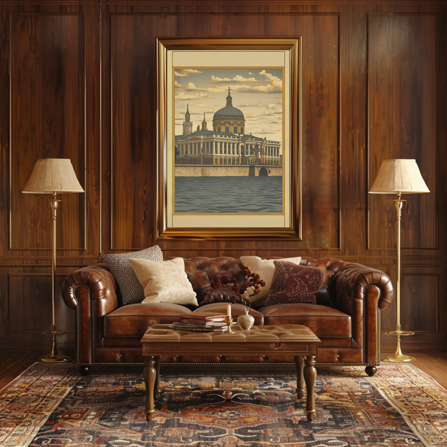 European Riverfront Baroque Palace Travel Poster