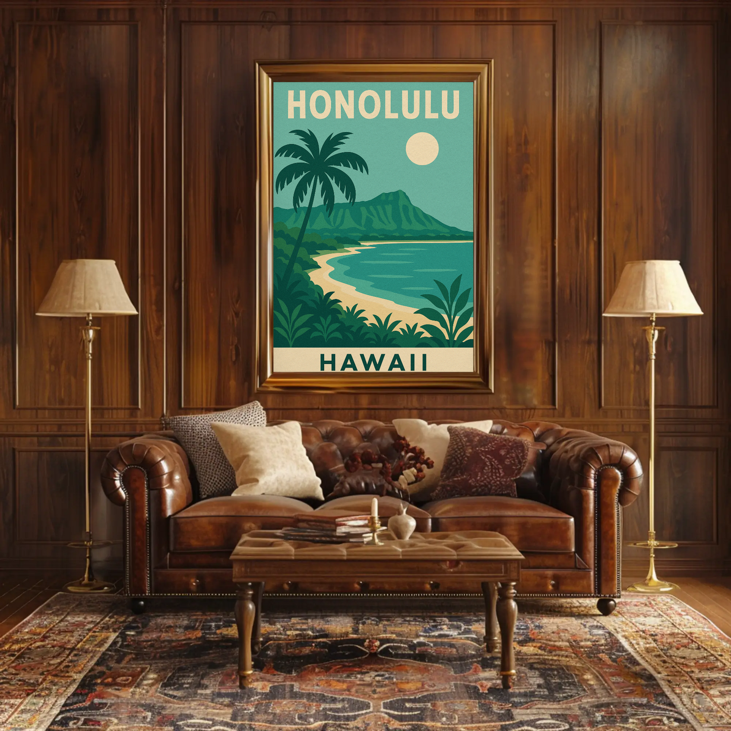 Honolulu Hawaii Beach Palm Trees Coastline Travel Poster