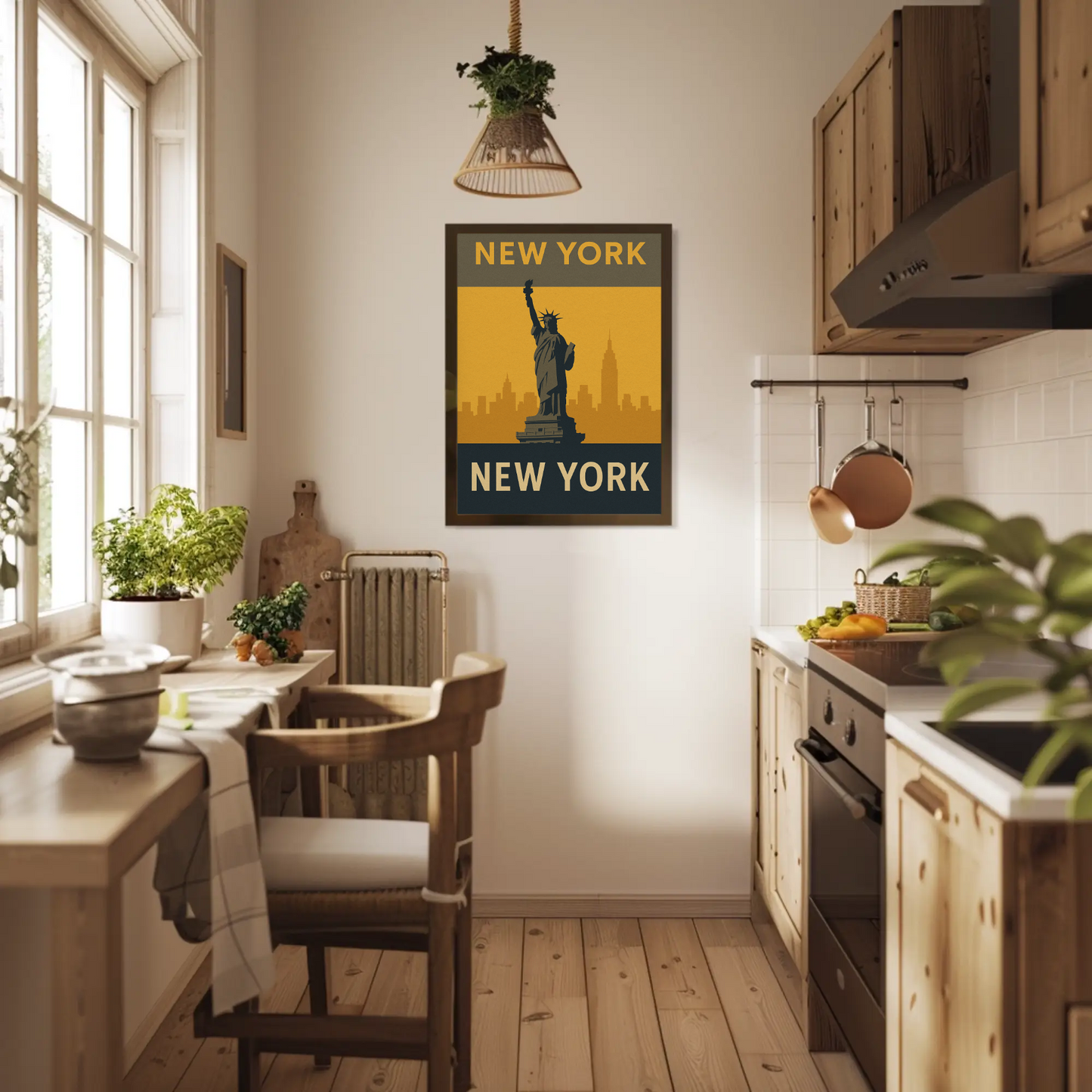 New York City Statue Skyline Yellow Vintage Travel Poster