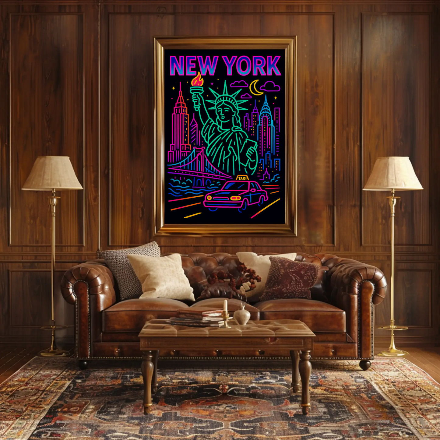 New York Neon Skyline Liberty Taxi Night Lights Travel Poster