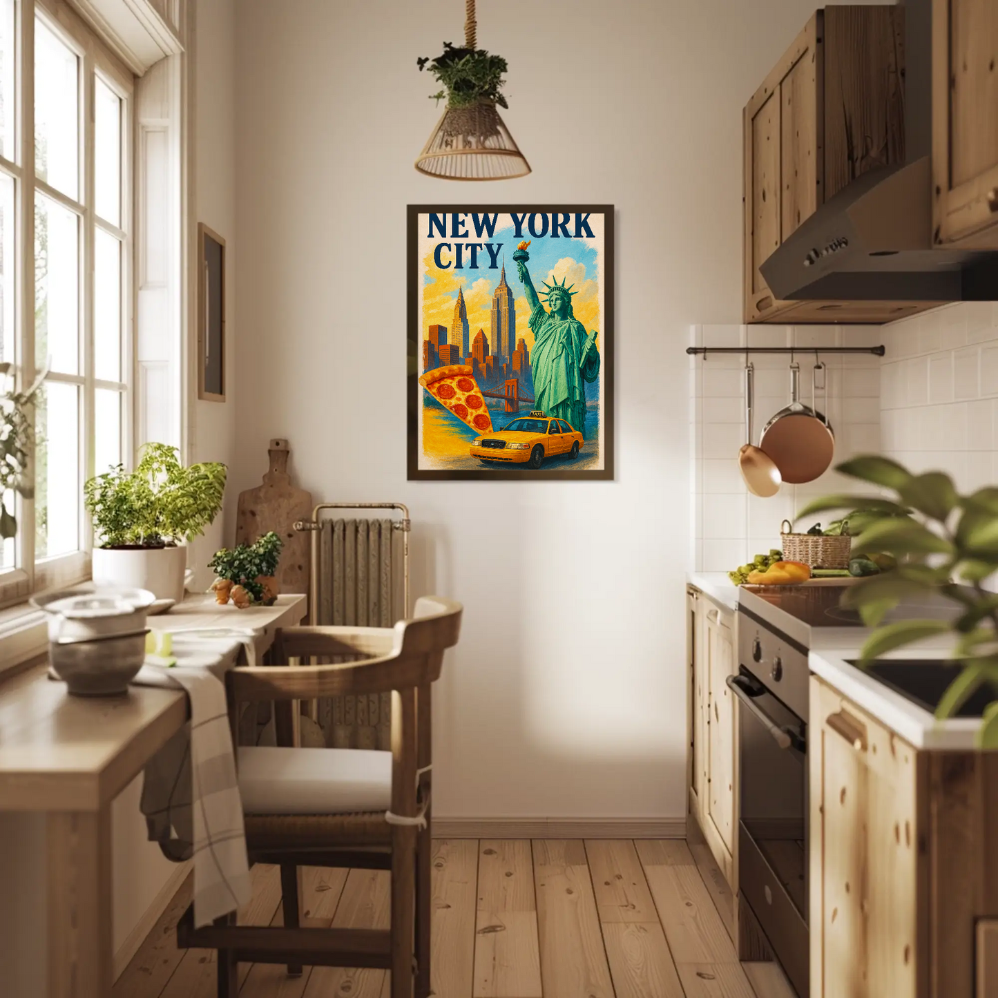 New York City Pizza Taxi Skyline Vintage Travel Poster
