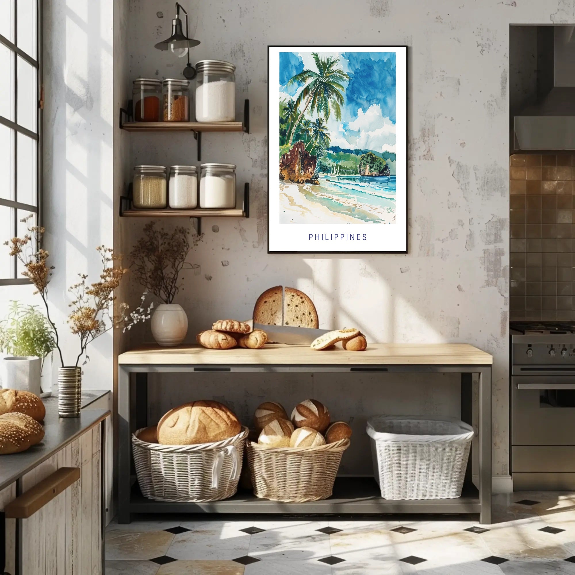 Tropical Beach Serenity: Vibrant Watercolor Travel Poster PosterGoat