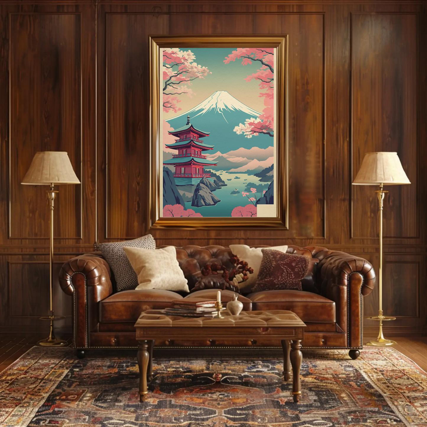 Japan Fuji Lake Pagoda Sakura Canoe Trees Travel Poster