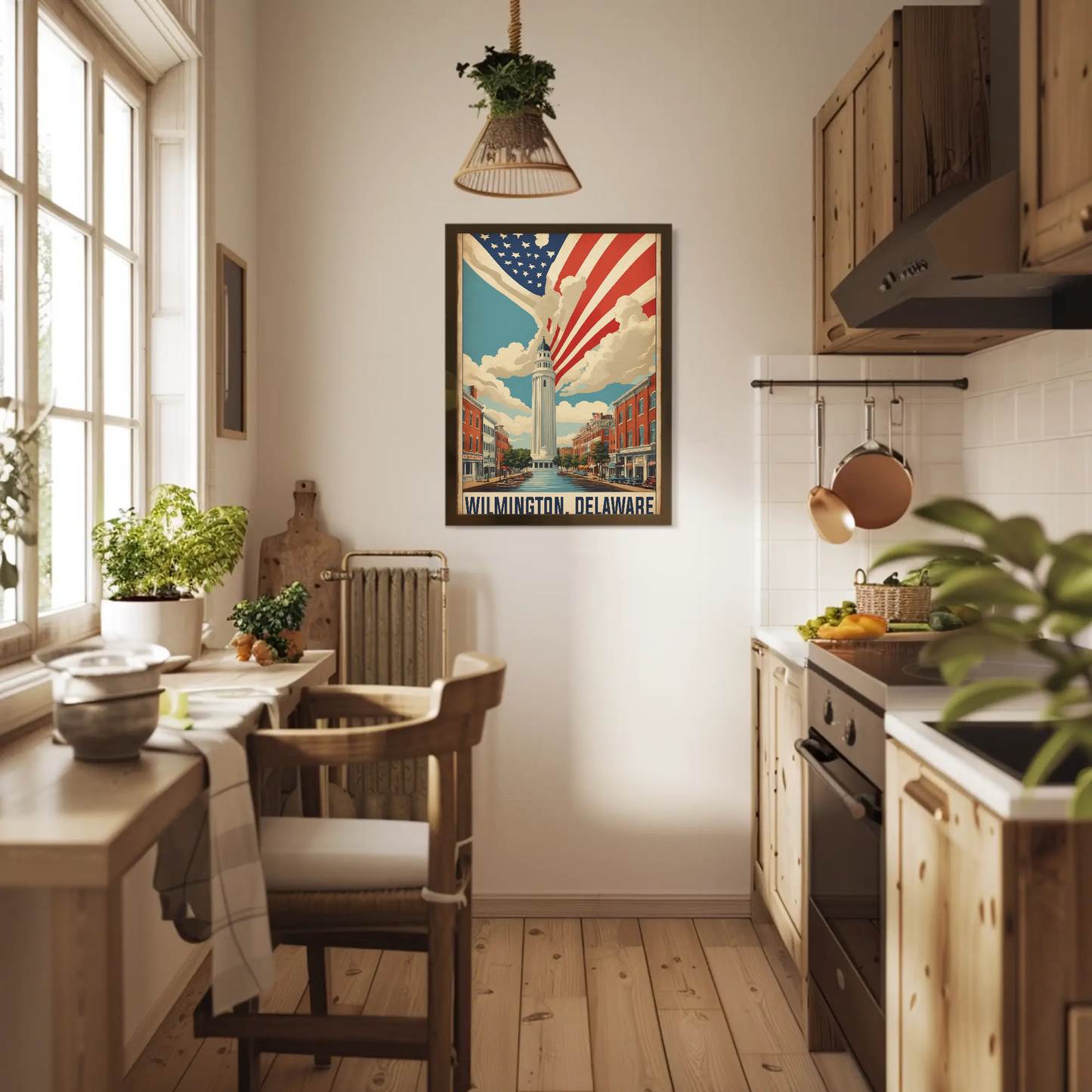Wilmington Delaware Tower And Flag Streetscape Vintage Travel Poster