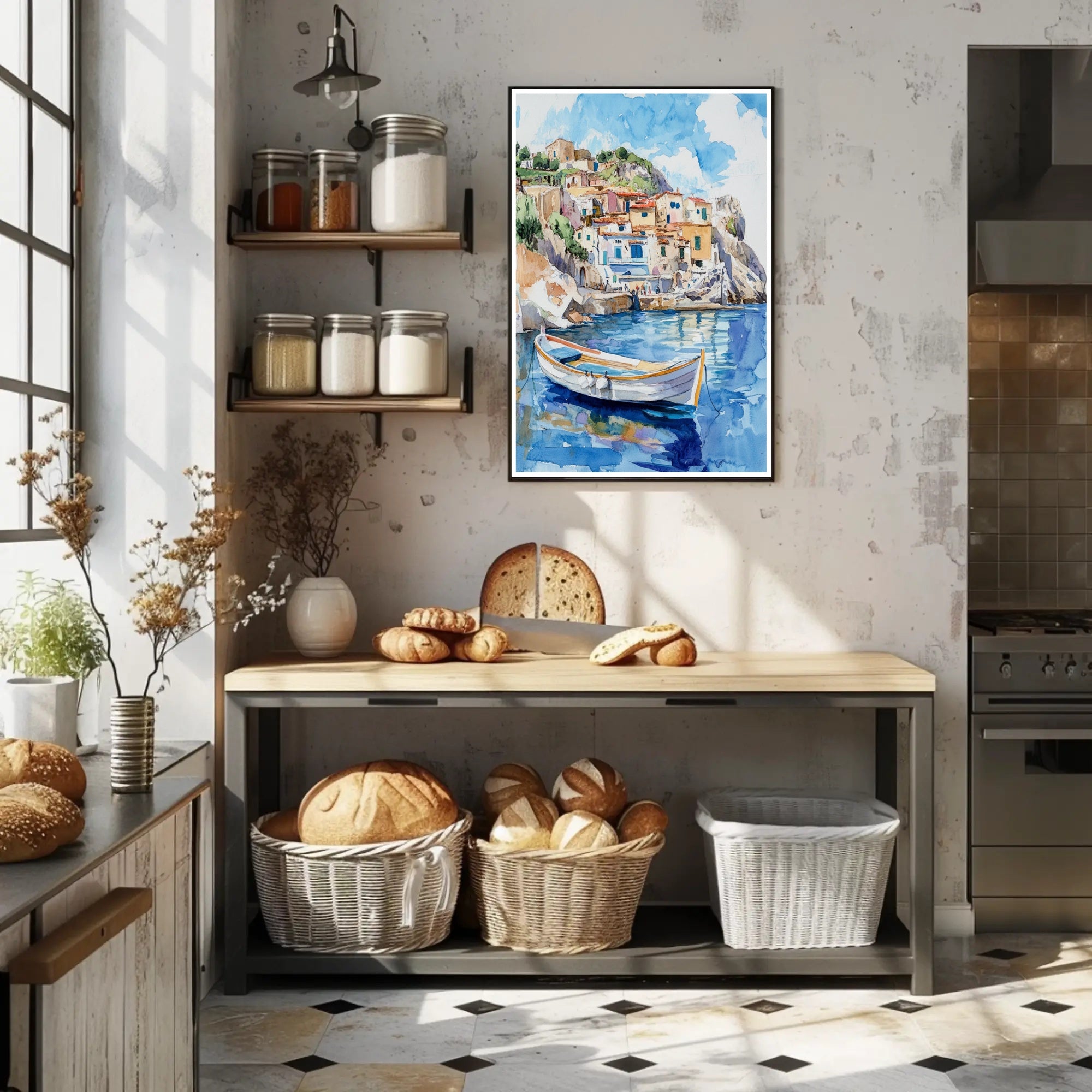 Serene Coastal Village Poster PosterGoat