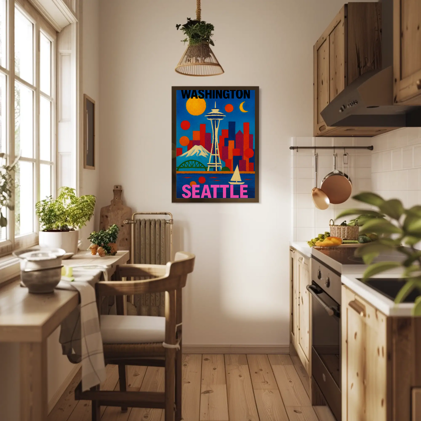 Washington Seattle Space Needle Mountains Sunset Vintage Travel Poster