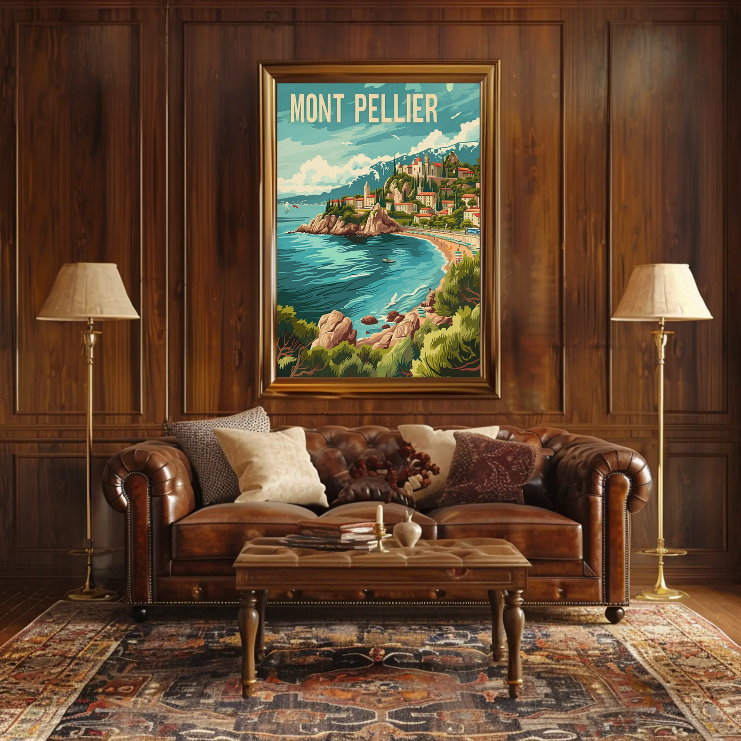 Montpellier France Coast Hillside Village Travel Poster