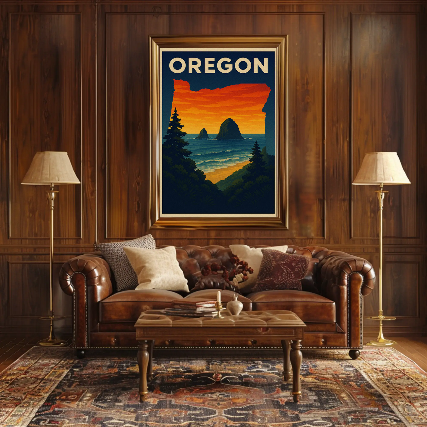 Oregon Coastal View Sunset Forest Travel Poster