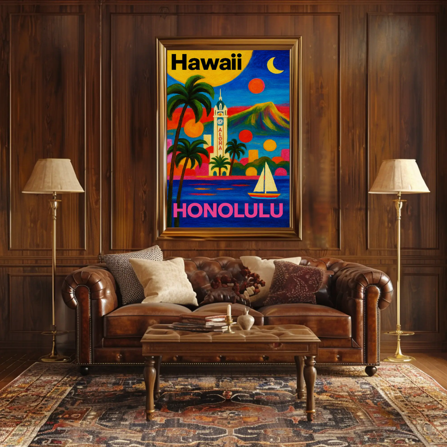 Honolulu Hawaii Tower View With Sunset Colors Travel Poster