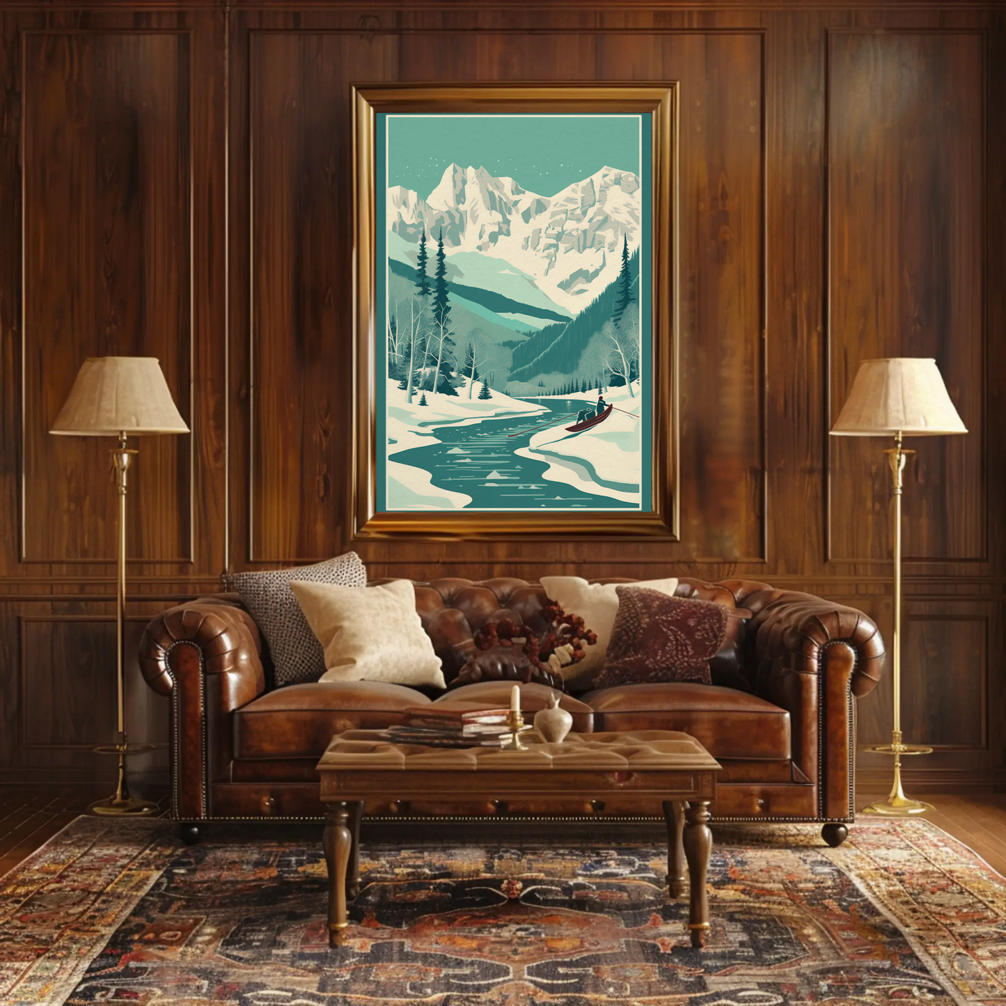 Snowy Alpine Mountain Rowboat Scene Travel Poster