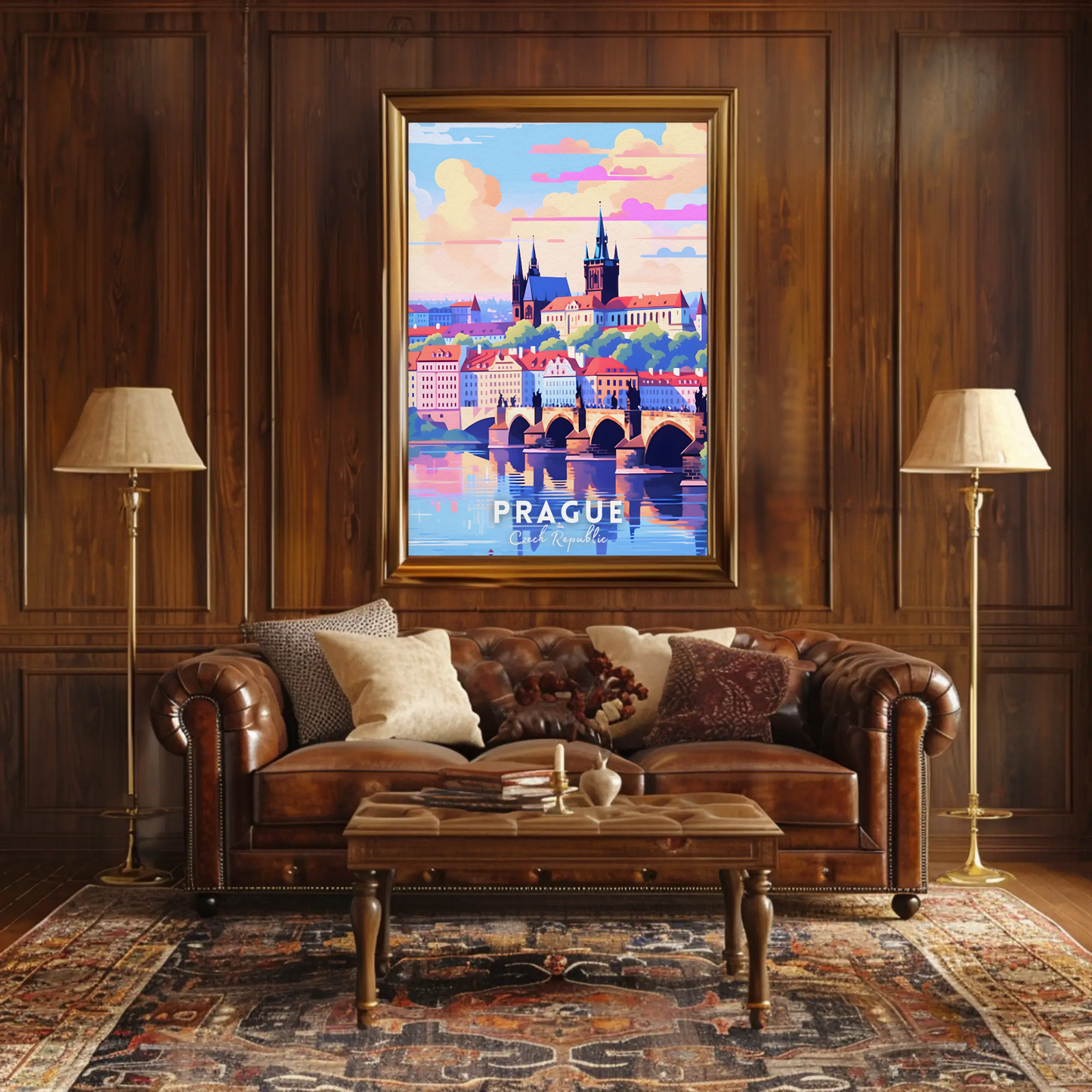 Prague City Bridge Sunset Travel Poster
