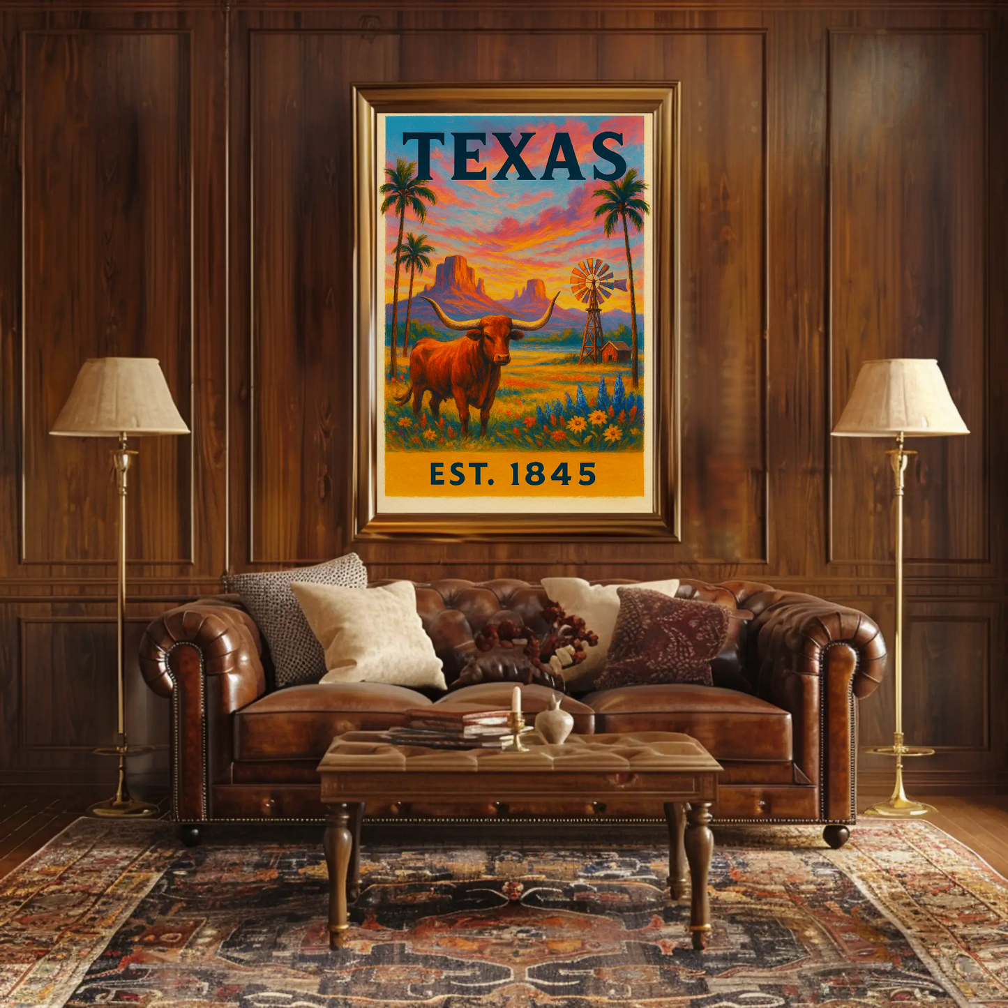 Texas Sunset Longhorn Windmill Landscape Travel Poster