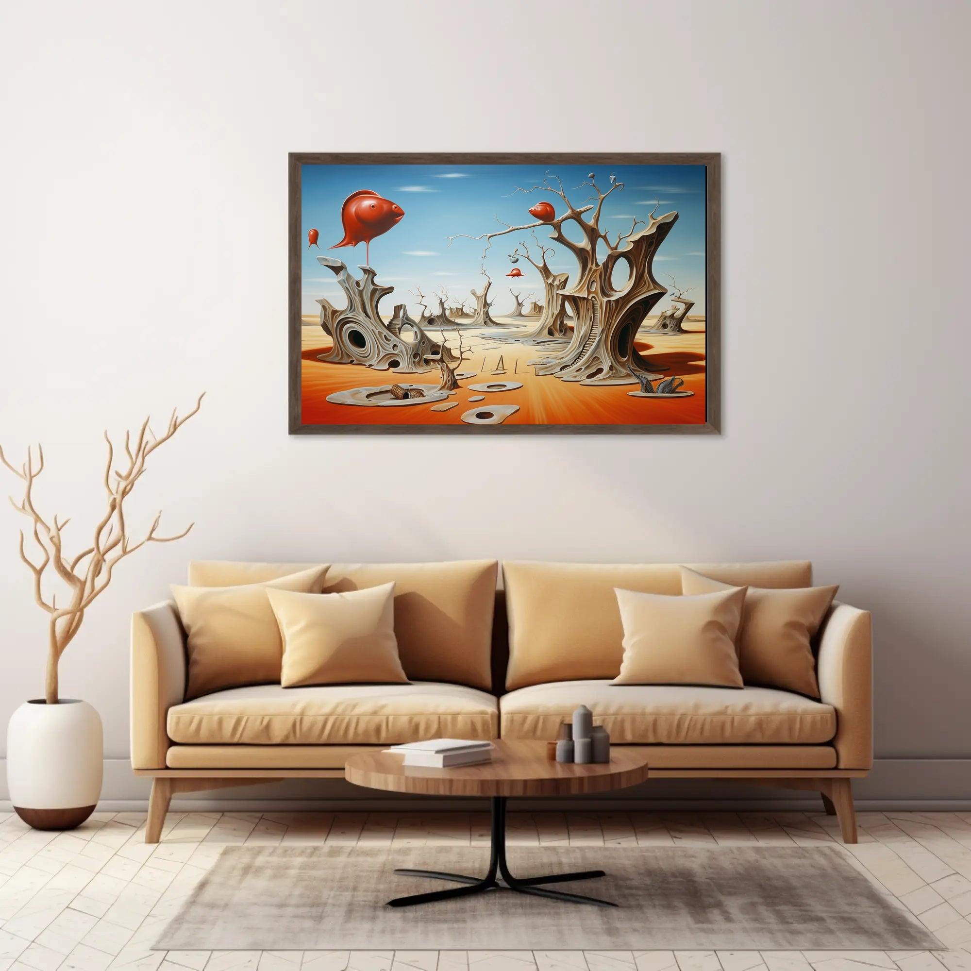 Surreal Desert Dreamscape With Whimsical Fish Objects - Artistic Poster