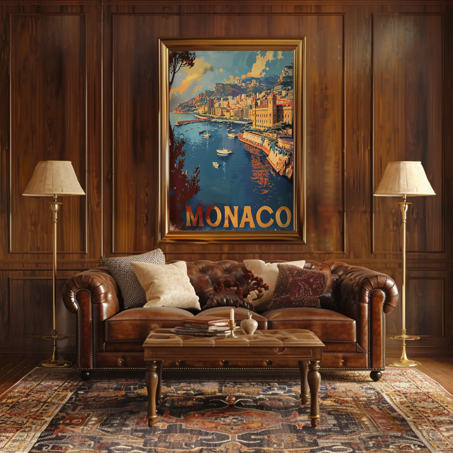 Monaco Mediterranean Coast Harbor Scene Retro Travel Poster