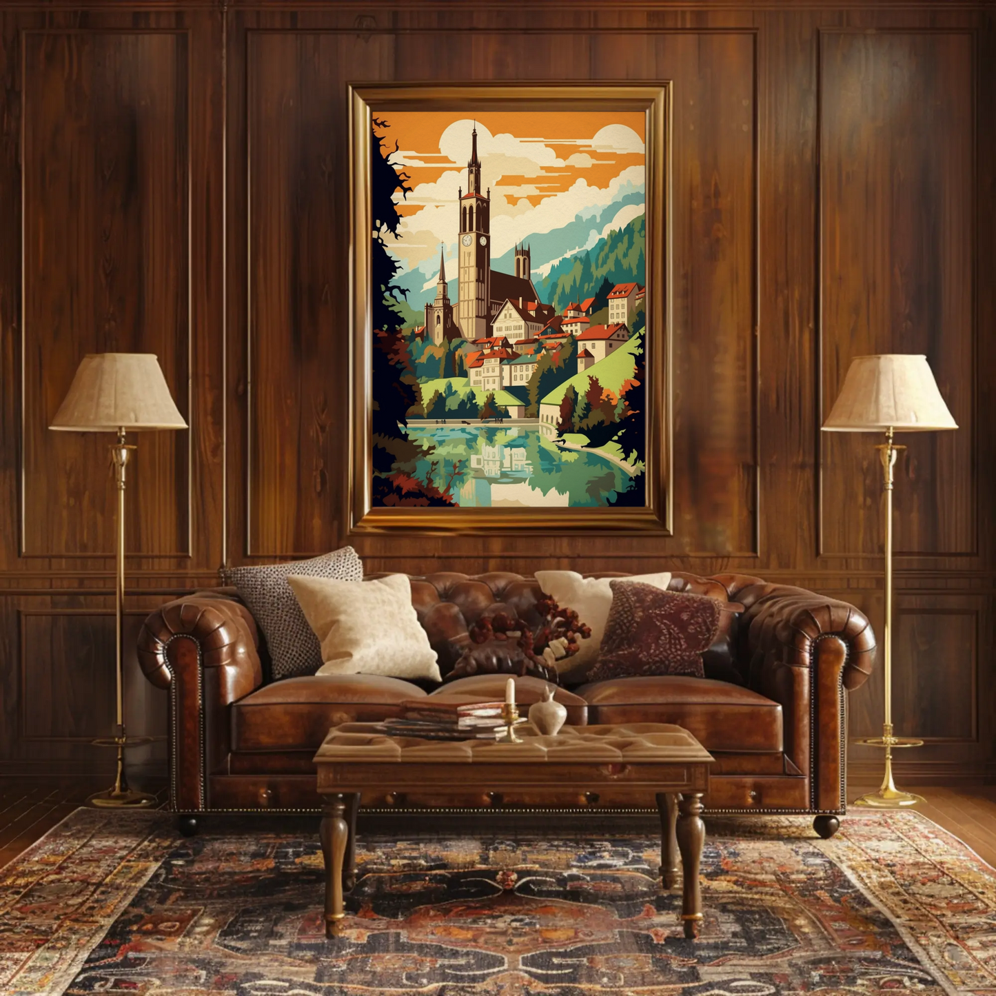 Alpine Village Church Tower Mountain View Travel Poster