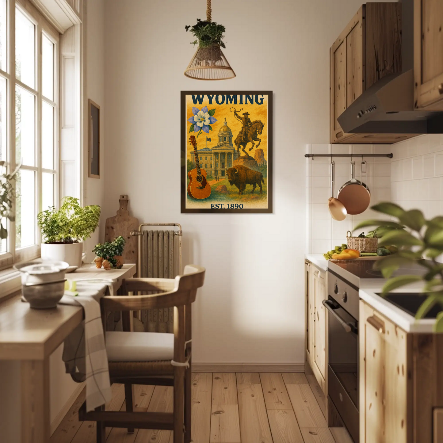 Wyoming Capitol Rodeo Guitar Bison Flower Vintage Travel Poster